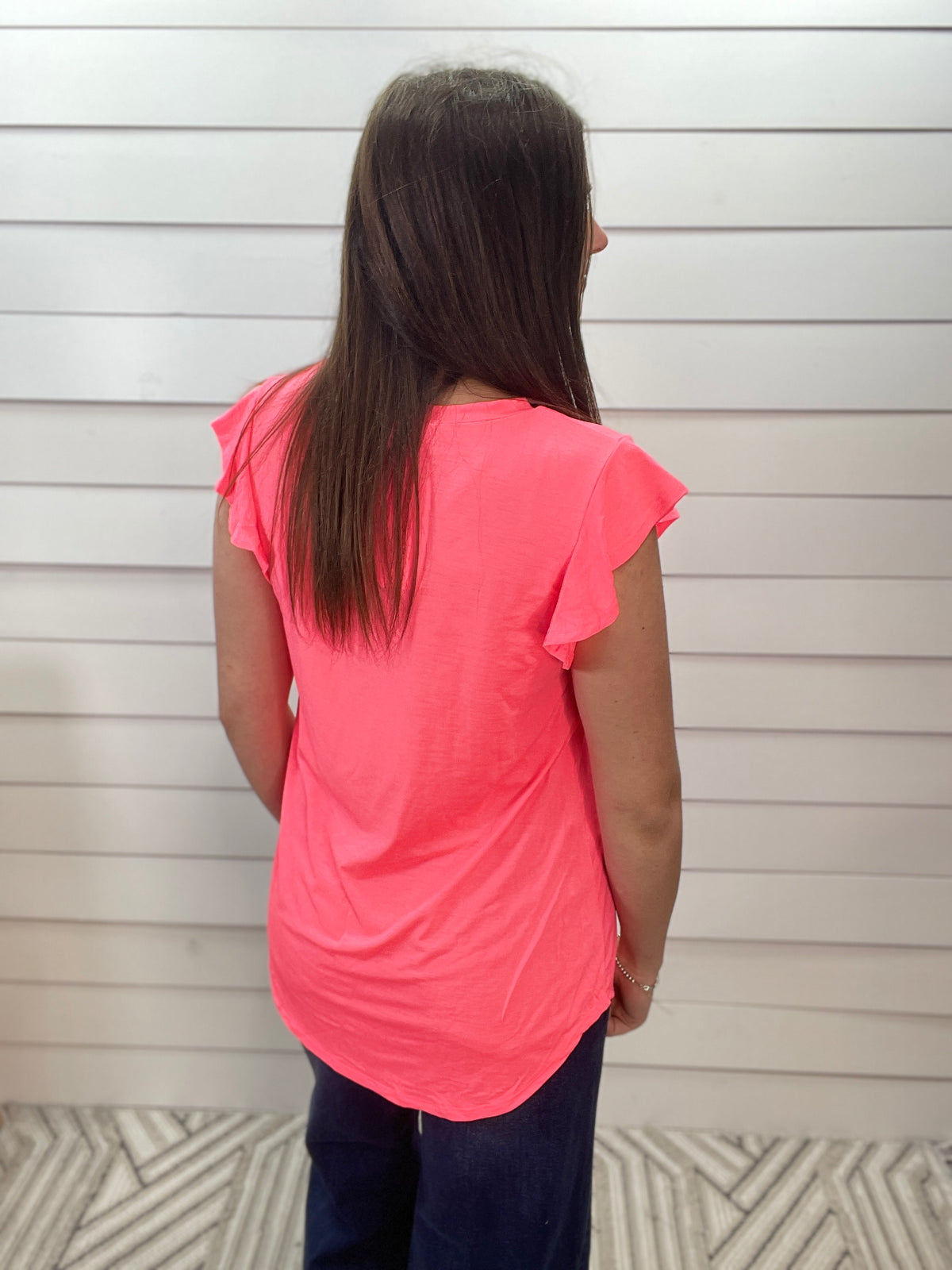 NEON PINK RUFFLE SLEEVE V NECK TOP
