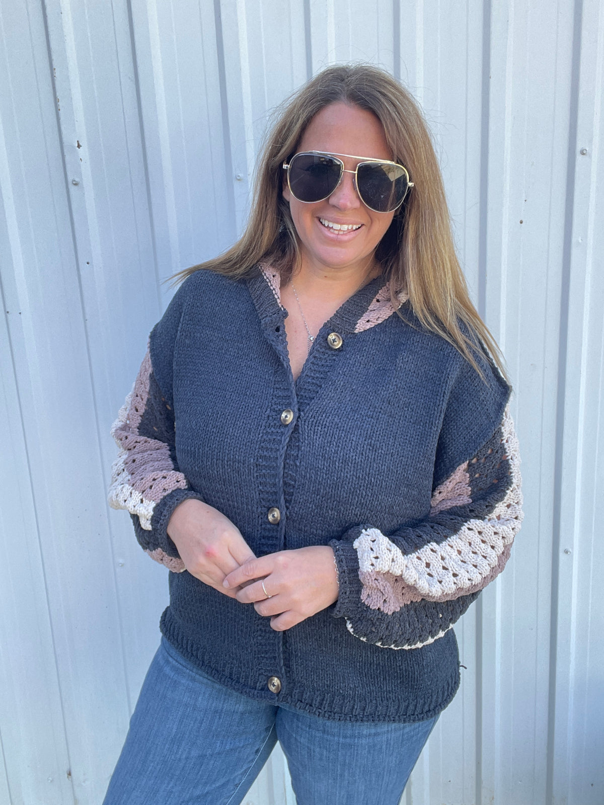 NAVY BUTTON KNIT SWEATER W/ OPEN KNIT COLORBLOCK SLEEVES