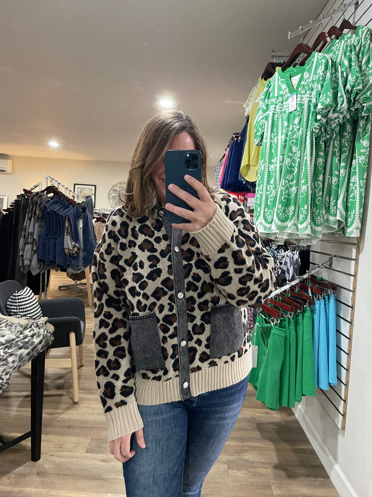 TAUPE/CHARCOAL LEOPARD PRINT BUTTON DOWN SWEATER W/ DENIM TRIM