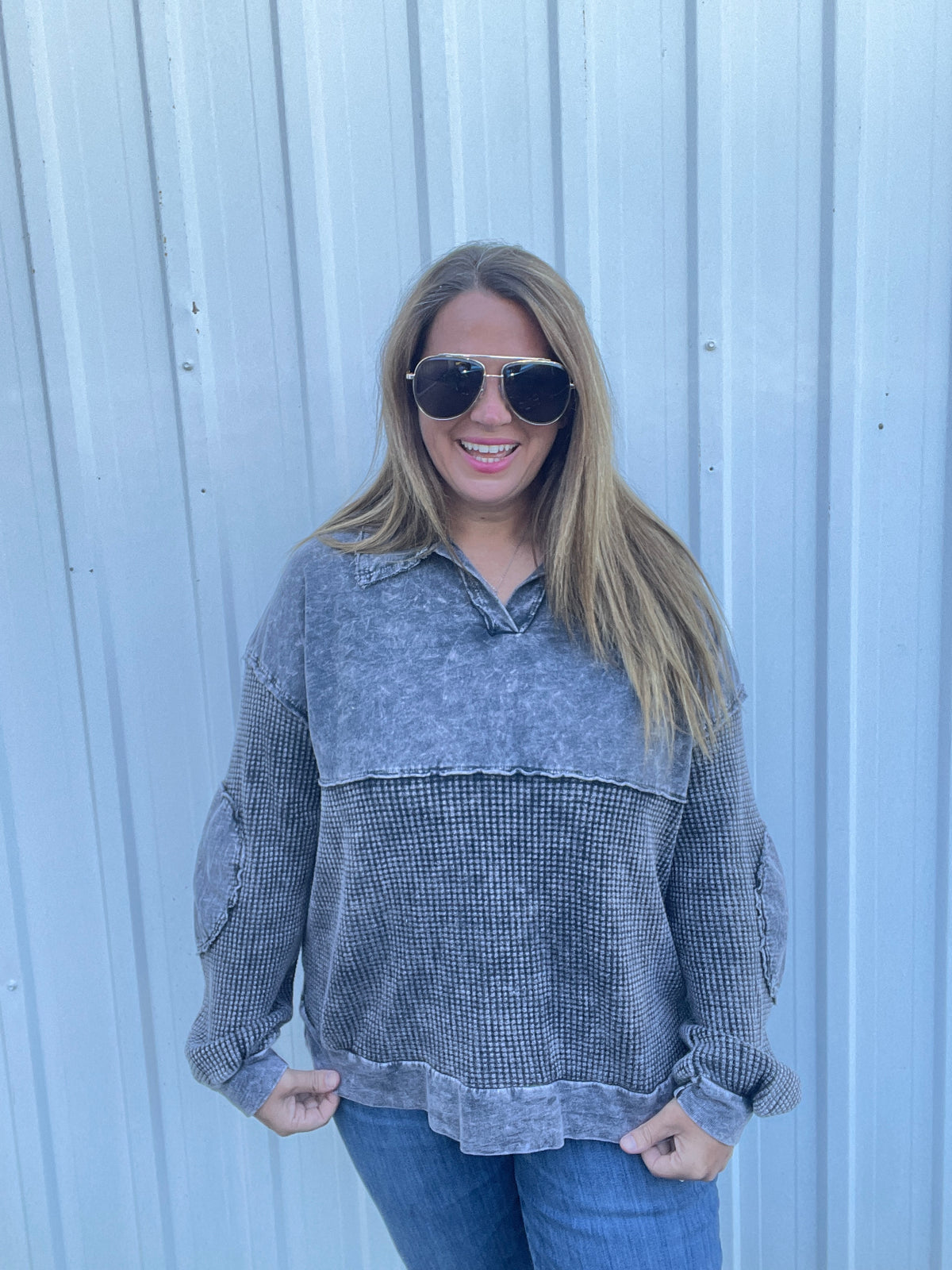ASHED BLACK MINERAL WASH CONTRAST KNIT TOP