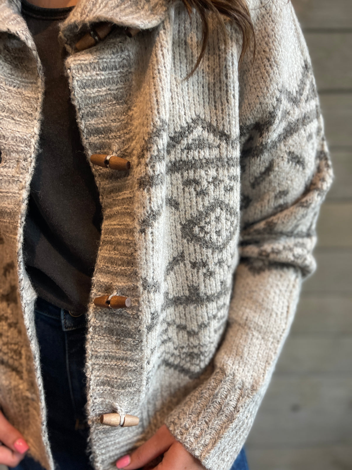 LIGHT TAUPE PRINTED BUTTON CARDIGAN/SWEATER WITH LAY DOWN COLLAR