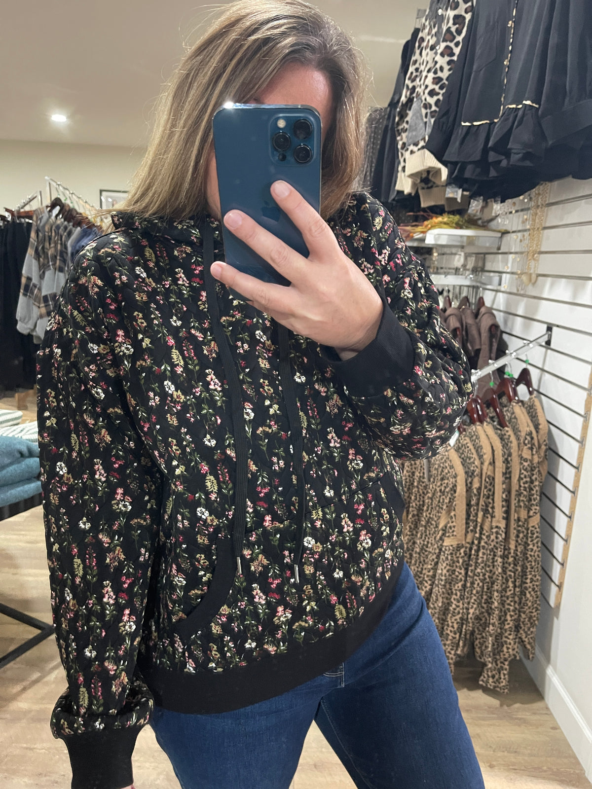 BLACK Printed Quilted Hoodie Pullover Top Kangaroo Pocket