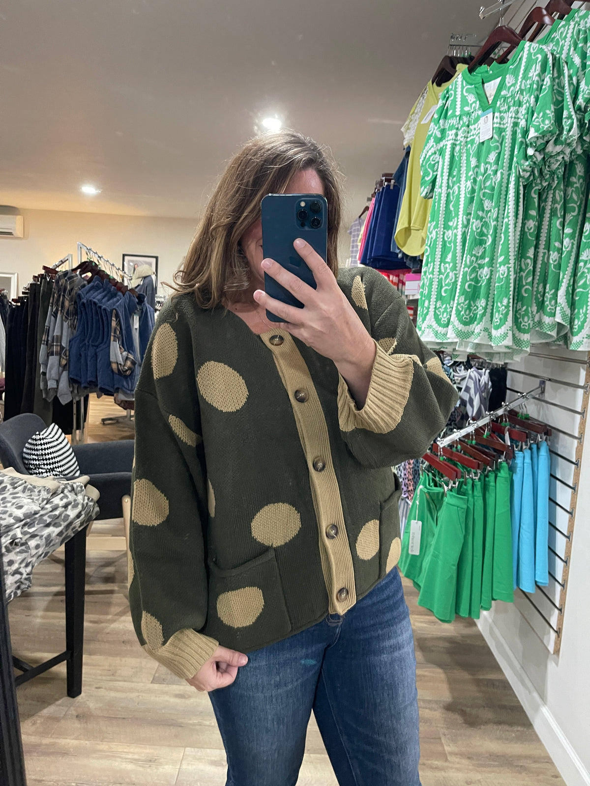 OLIVE Round Neck Button Down Long Sleeve Polka Dot Jacquard Sweater Cardigan