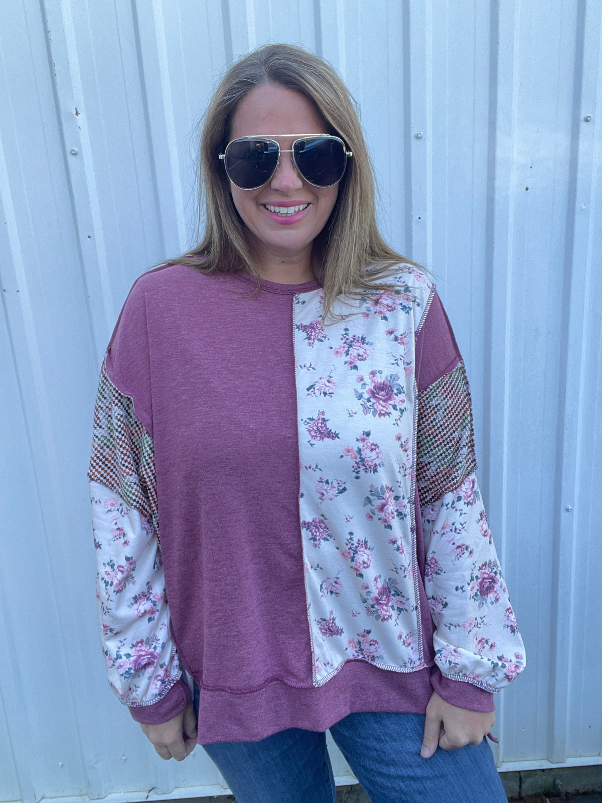 BURDUNDY/TAUPE Round Neck Oversized Loose Fit Pullover Top Featuring Mixed Fabric Paneling