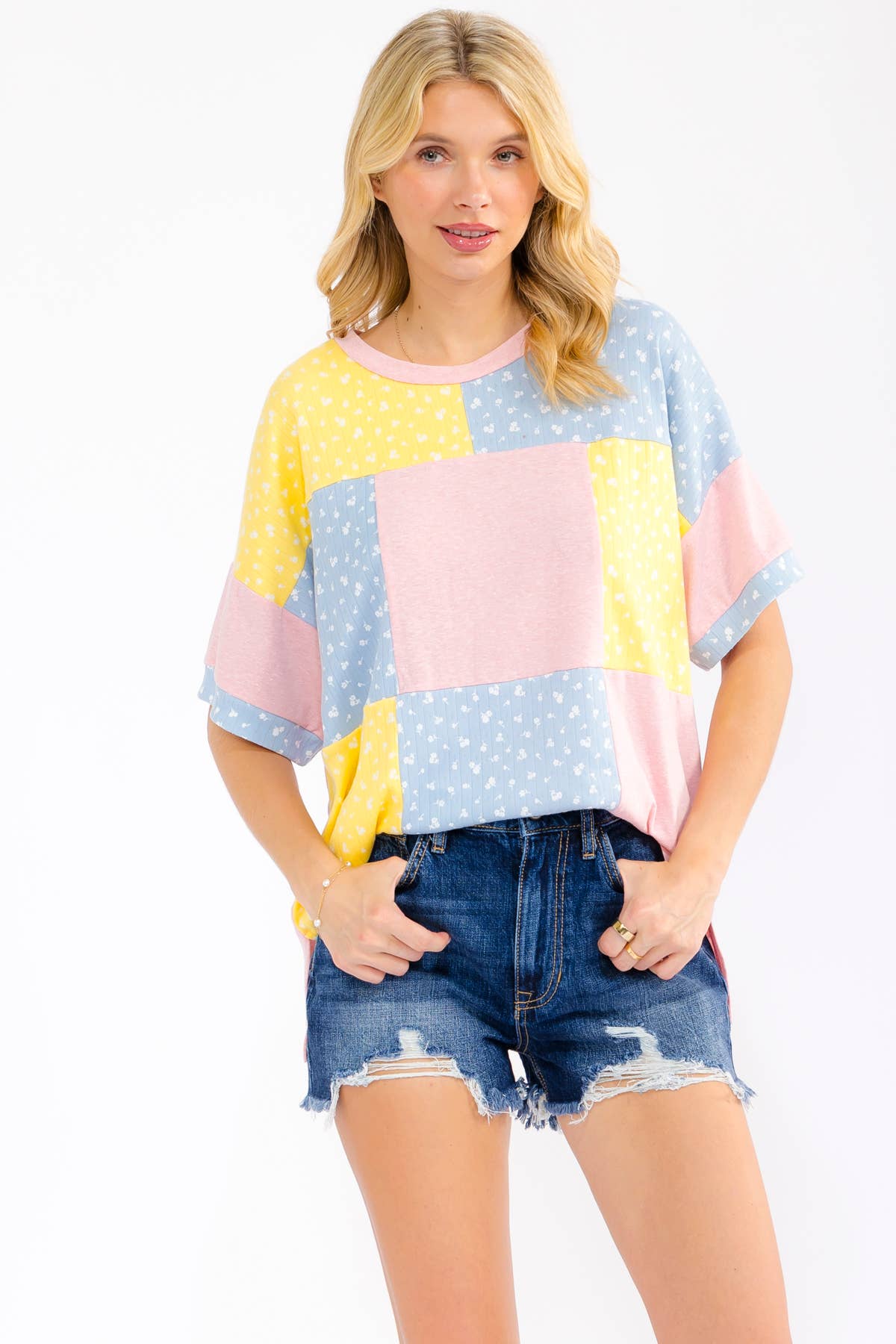 7th Ray - Floral Patchwork Short Sleeve Top T6303: Aqua / S