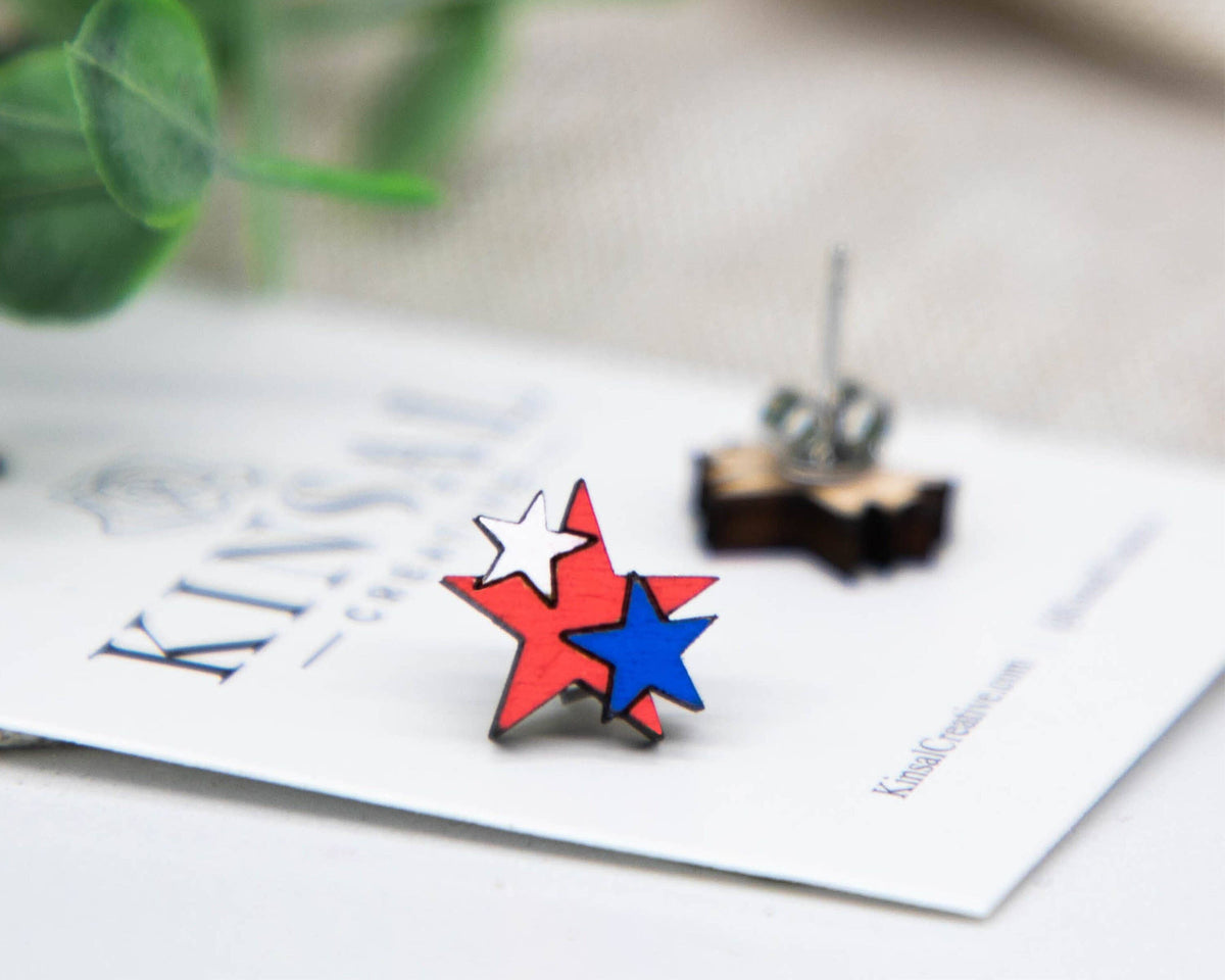 Kinsal Creative - Patriotic Stars Wood Stud Earrings