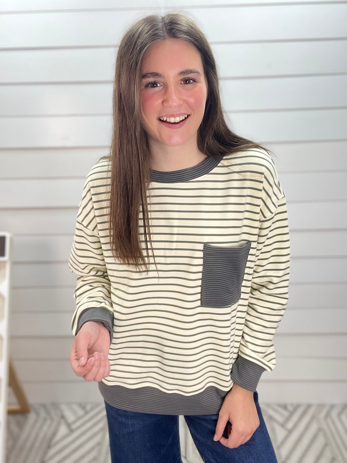 IVORY/OLIVE Color Trimmed Long Sleeve Chest Pocket Micro Brushed Stripe Mix Media Sweatshirt