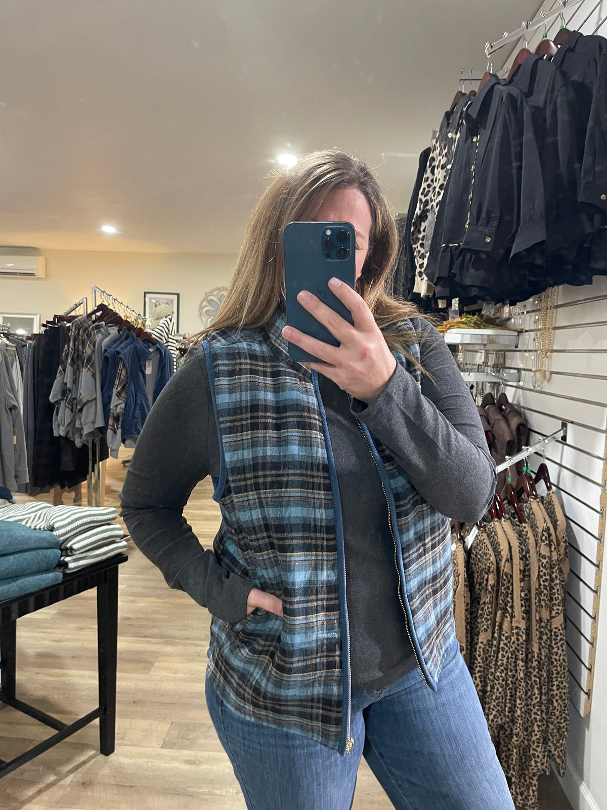 BLUE Contrast Binding, Zip Up Front, Plaid Puffer Vest