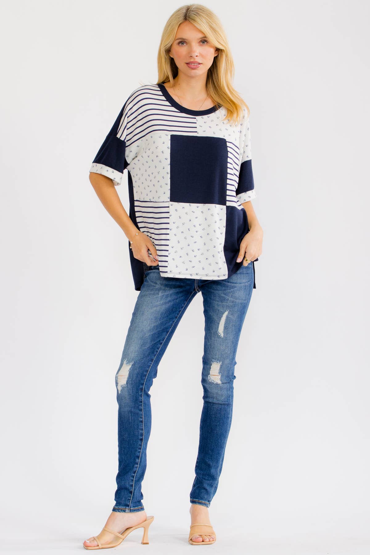 NAVY/WHITE PATCHWORK KNIT TOP