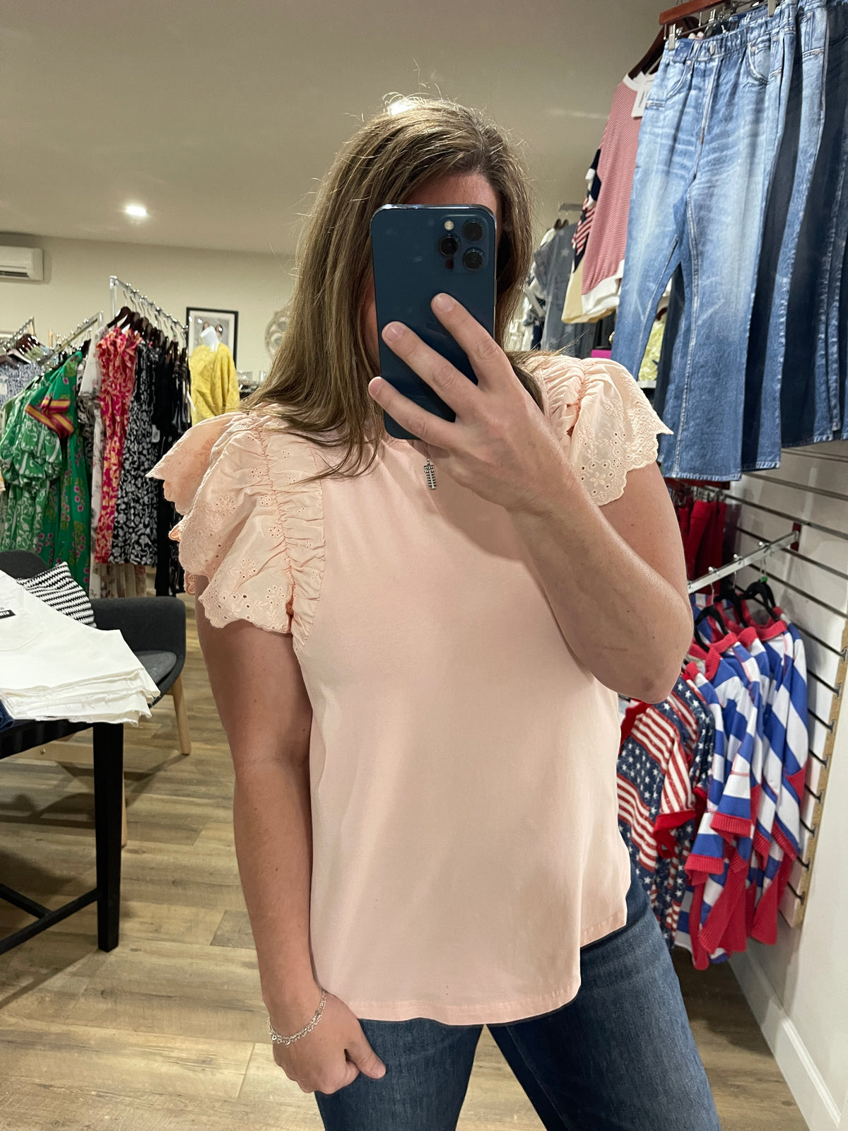 BLUSH KNIT CROCHET RUFFLE SLEEVE SHORT SLEEVE TOP