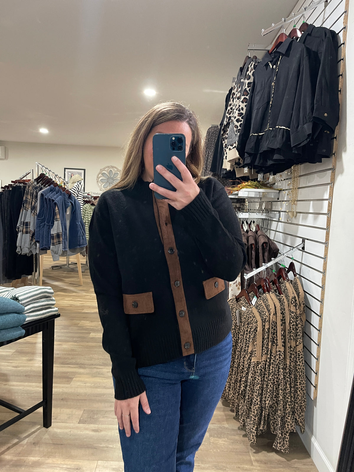 Black Mock Neck Suede Trim Button Down Sweater Jacket