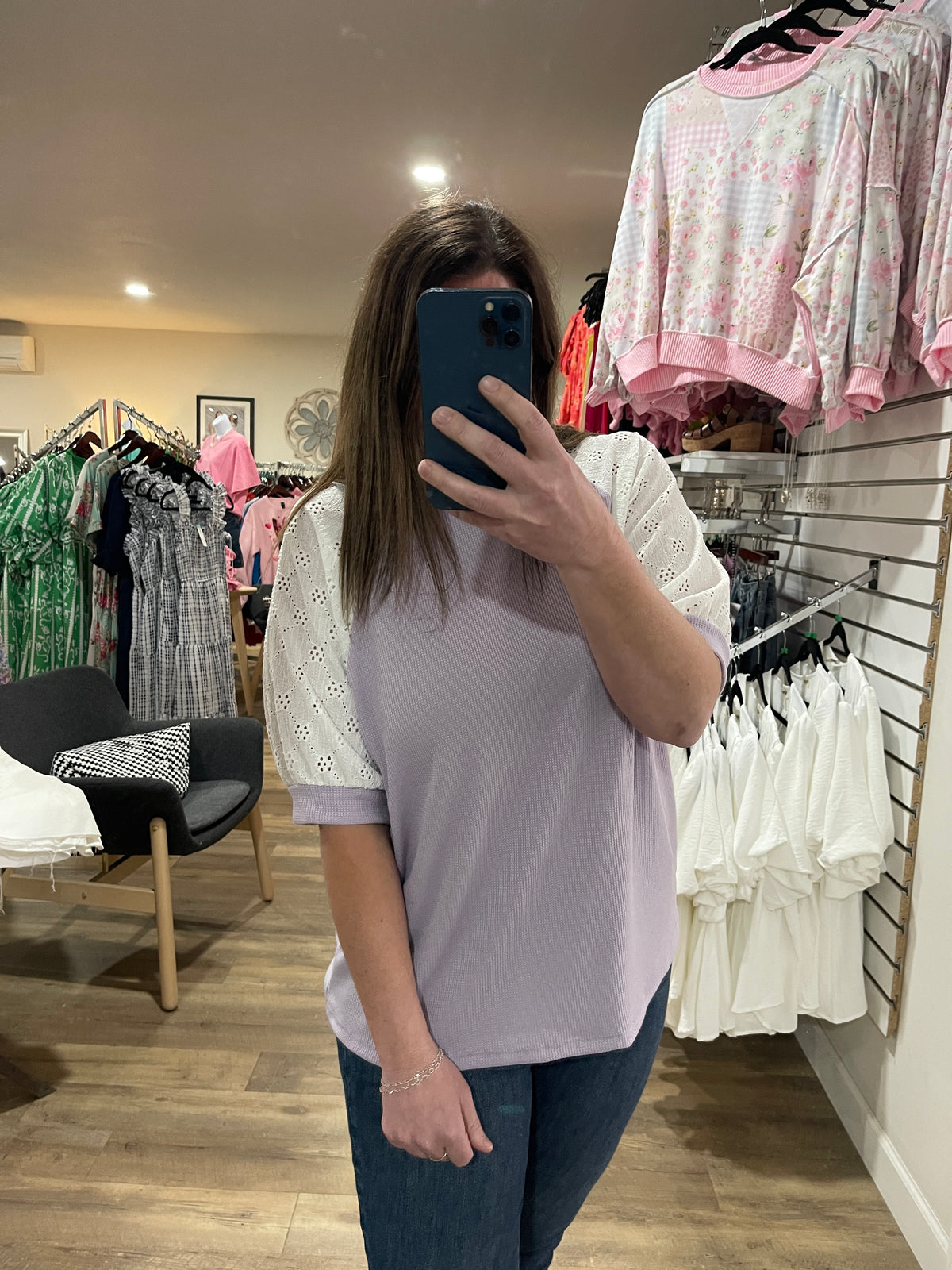 LAVENDER WAFFLE TEXTURE KNIT TOP W/ CROCHET LACE SHORT SLEEVES