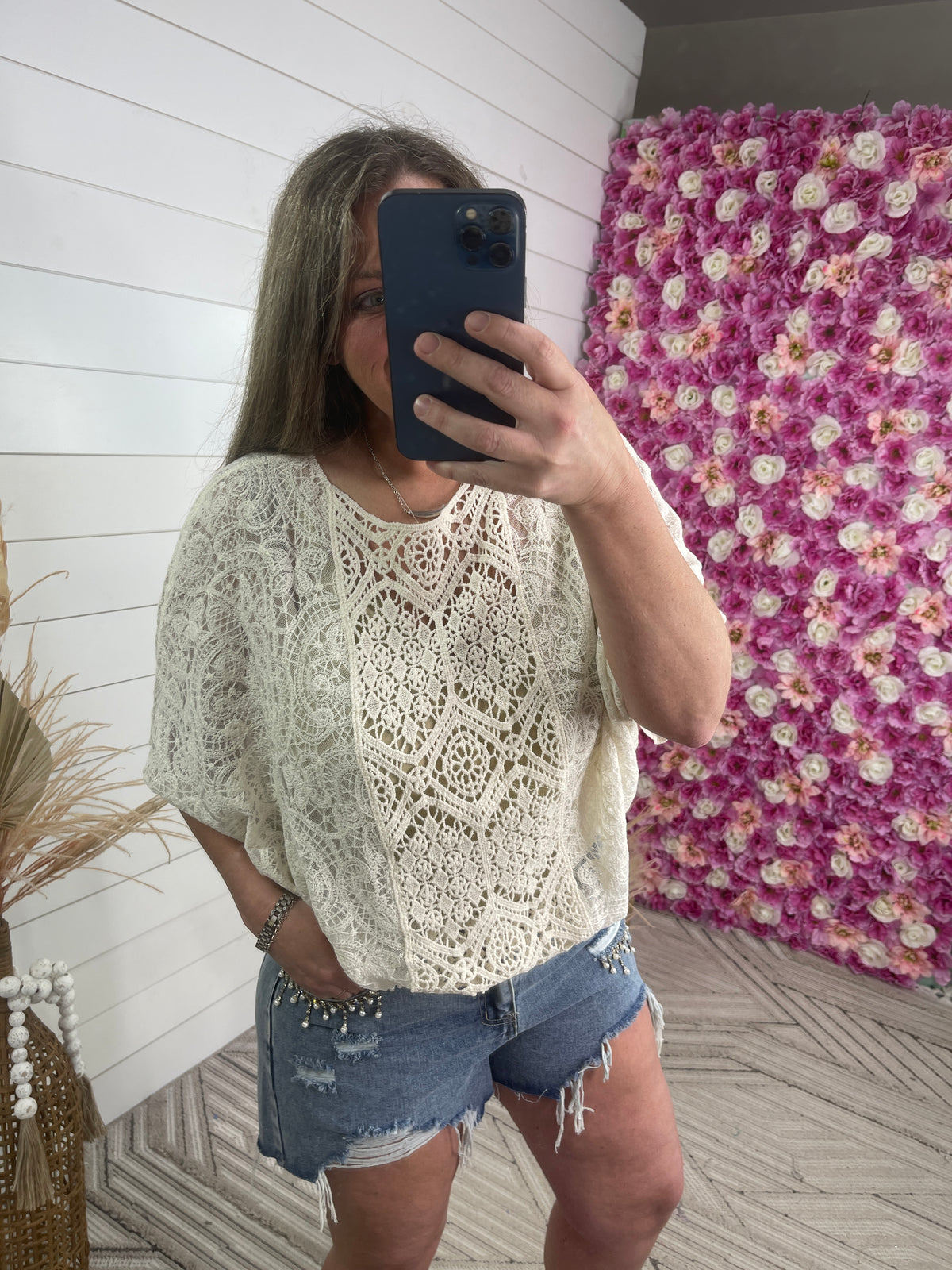 BEIGE ALL OVER LACE DOLMAN TOP