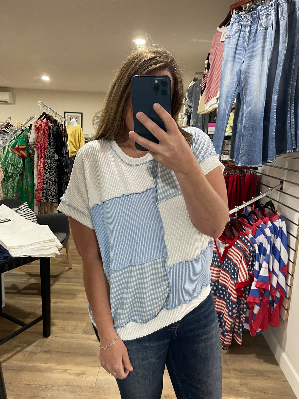 LT BLUE GINGHAM COLORBLOCK KNIT TOP