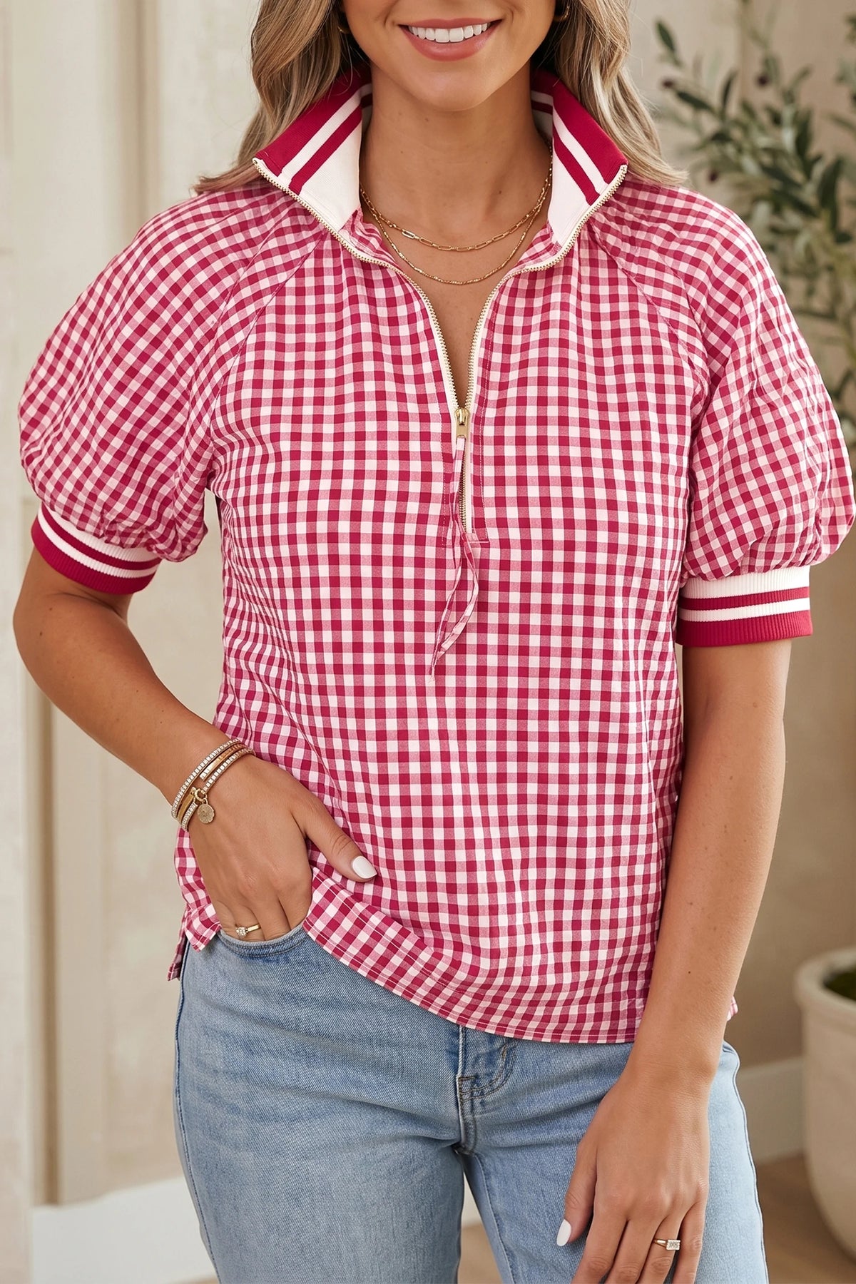 RED GIGHAM HALF ZIP WOVENT TOP