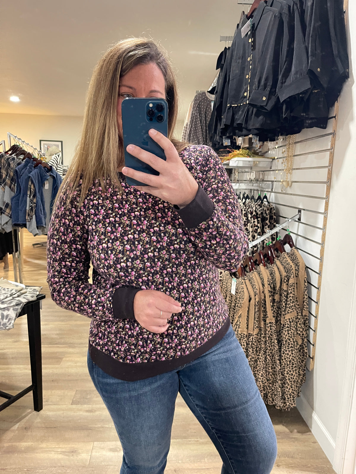 PLUM Wide Crew Neck, Long Sleeve, Floral Printed Hacci Top