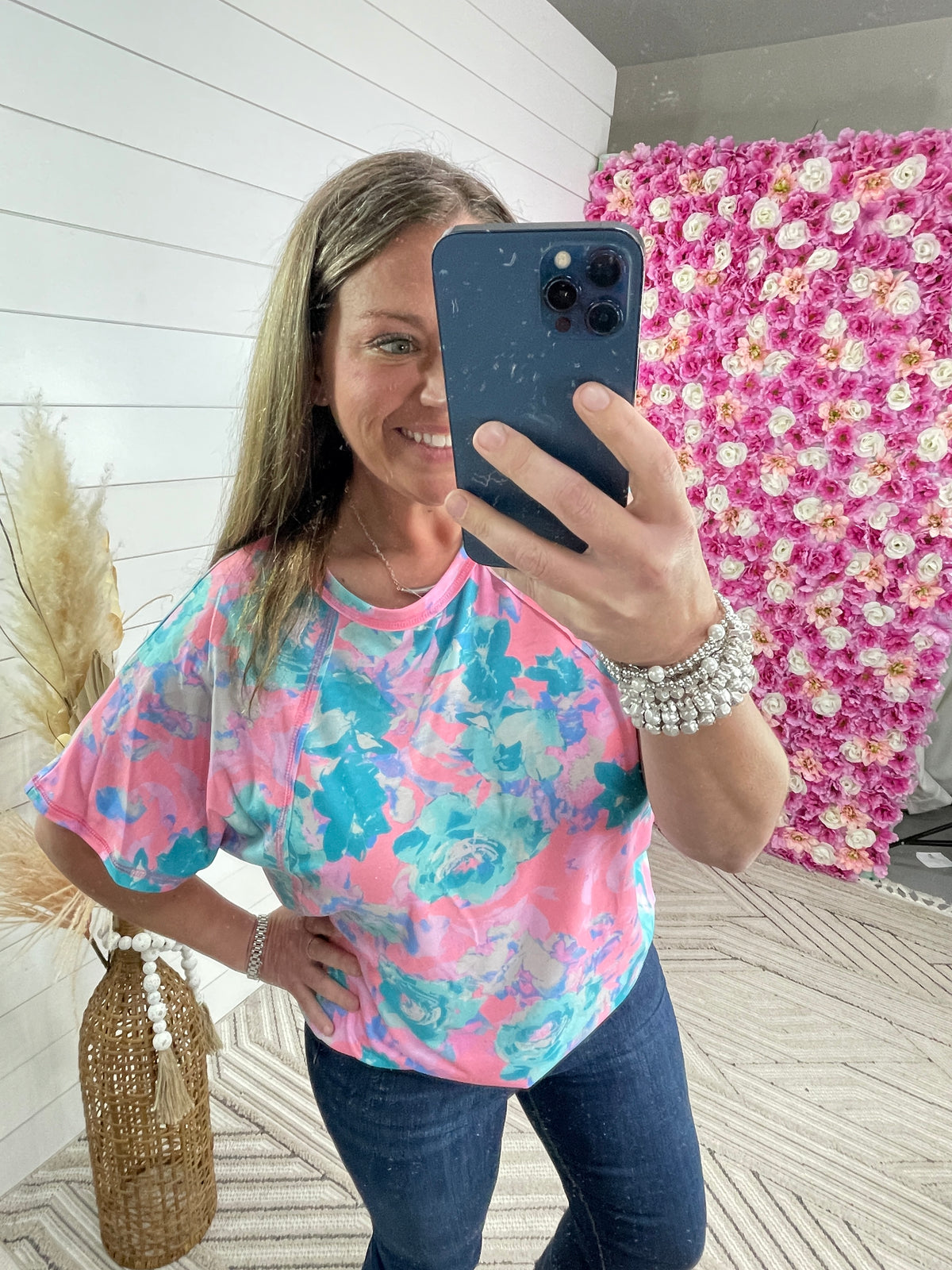 NEON PINK FLORA KNIT TOP