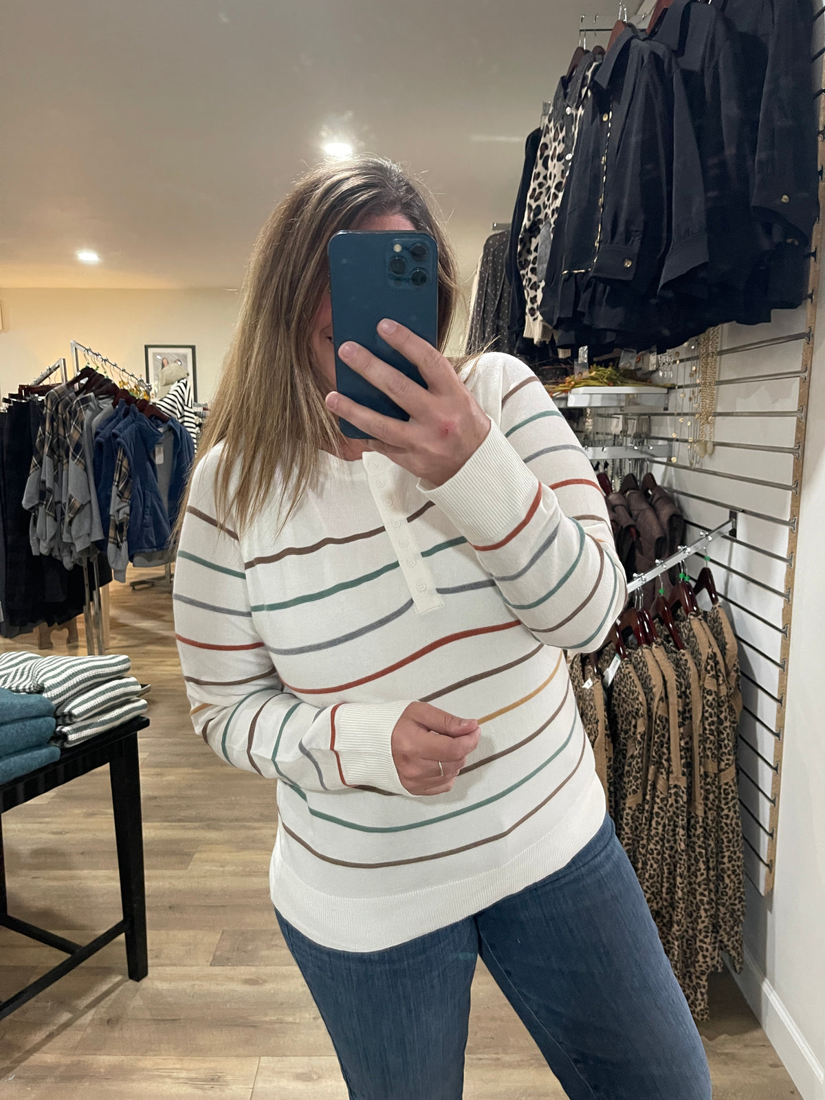 Ivory Multi Color Stripe Half Buttons Raglan Sleeve Pullover Knit