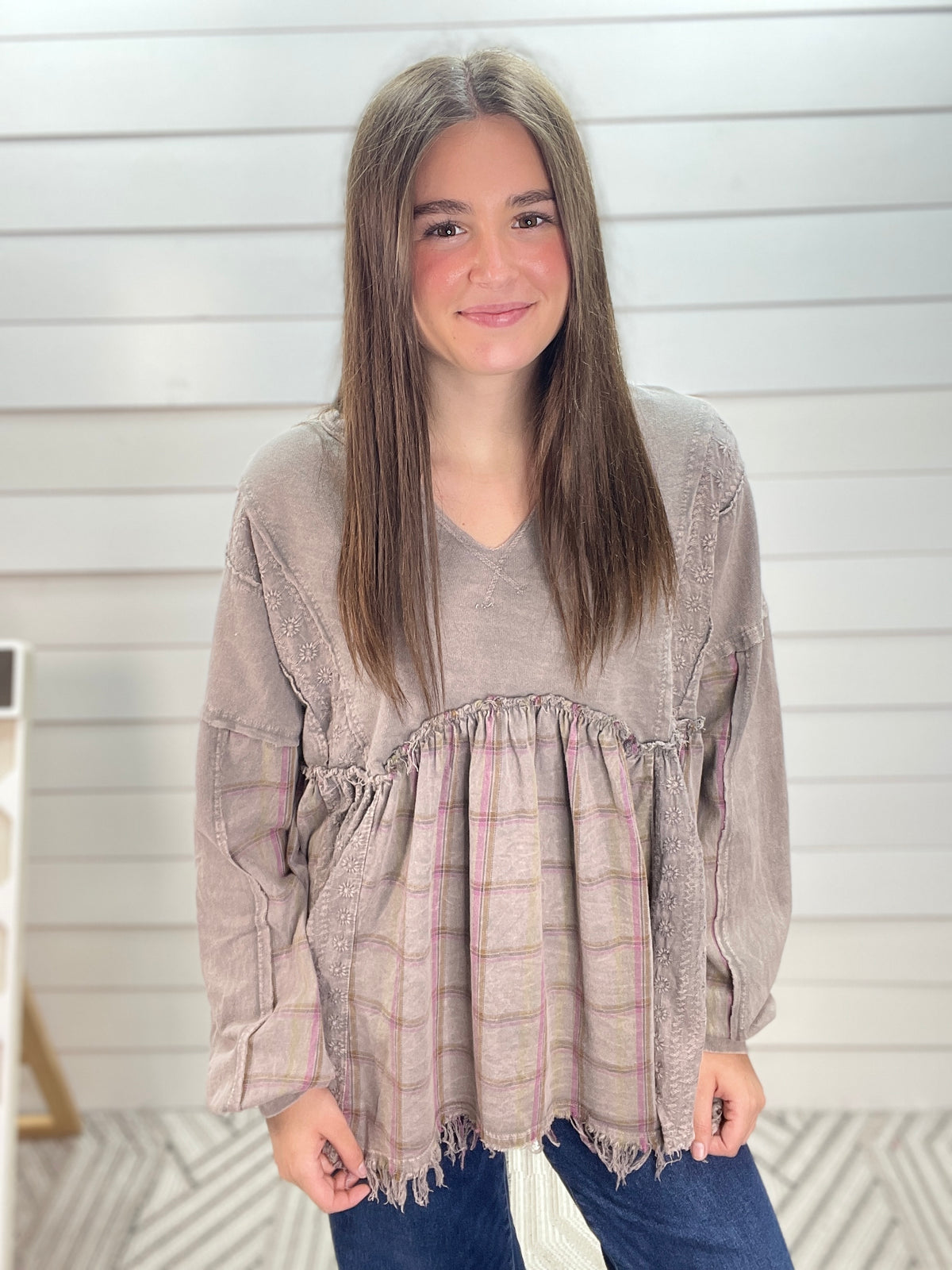CHARCOAL Mineral Washed Flannel Eyelet Patch Babydoll Blouse
