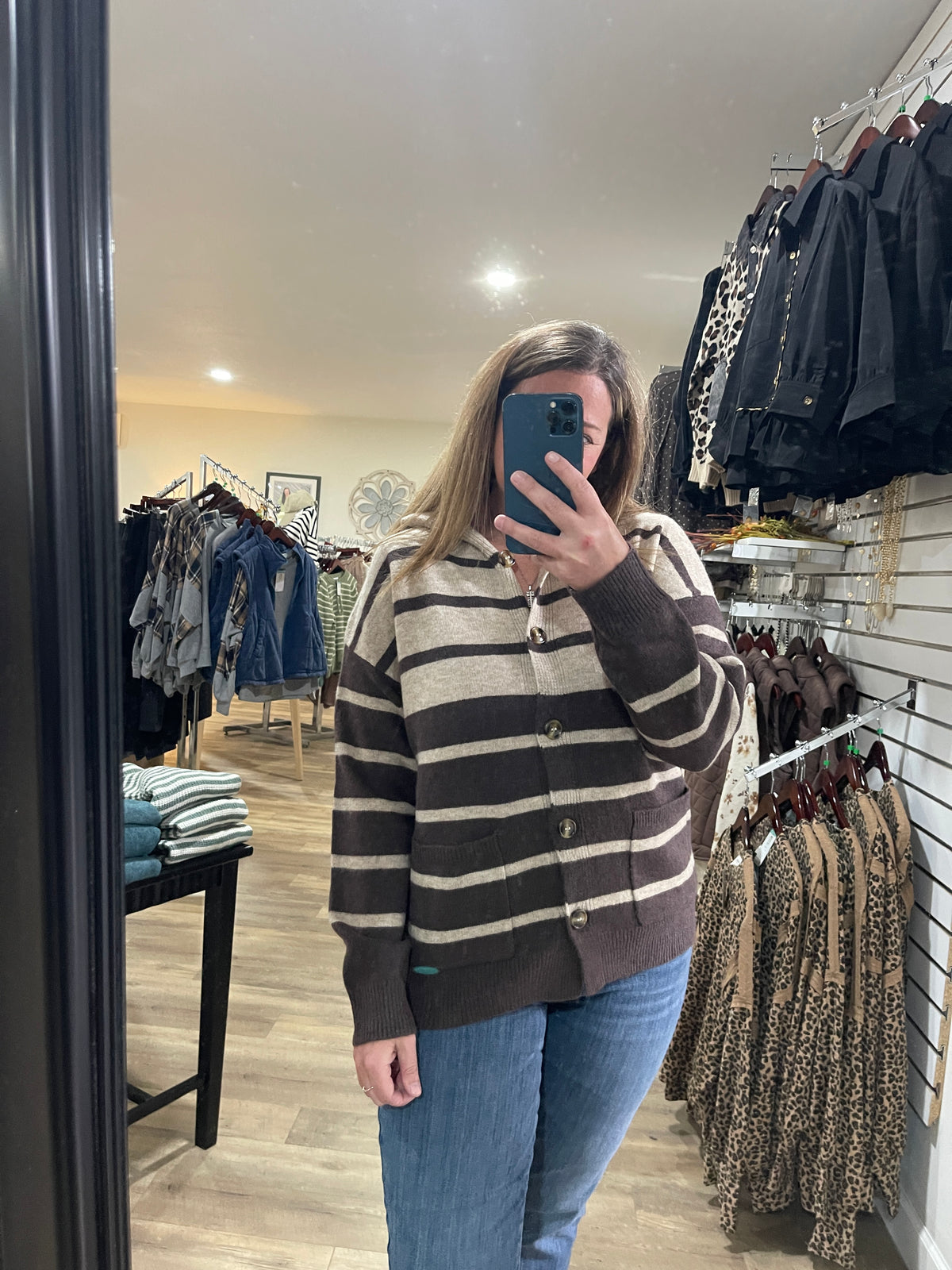 DARK MOCHA Striped, Hoodie, Button Down, Cardigan Sweater With Pocket