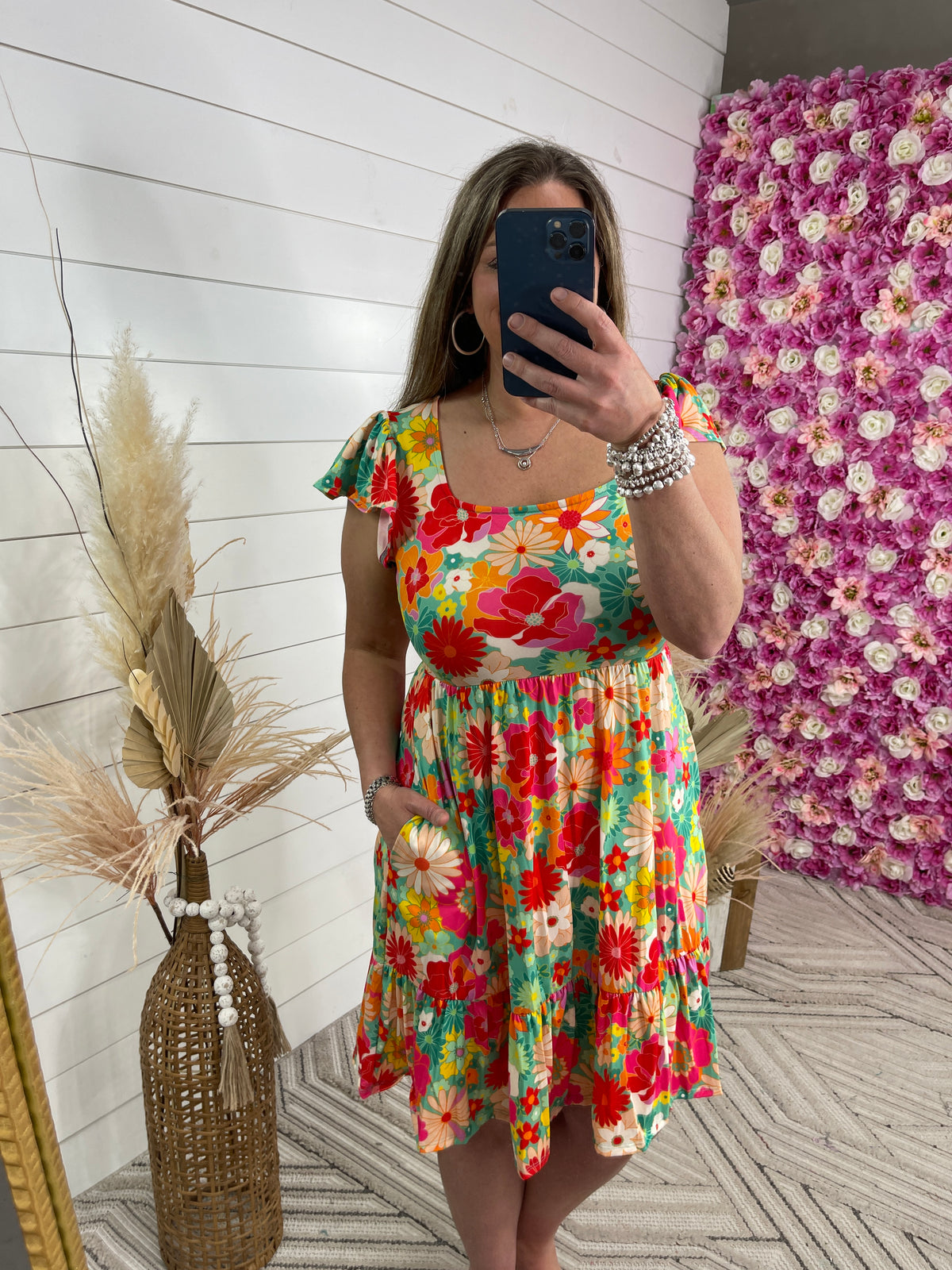 BRIGHT FLORAL SQUARE NECK BUTTER DRESS