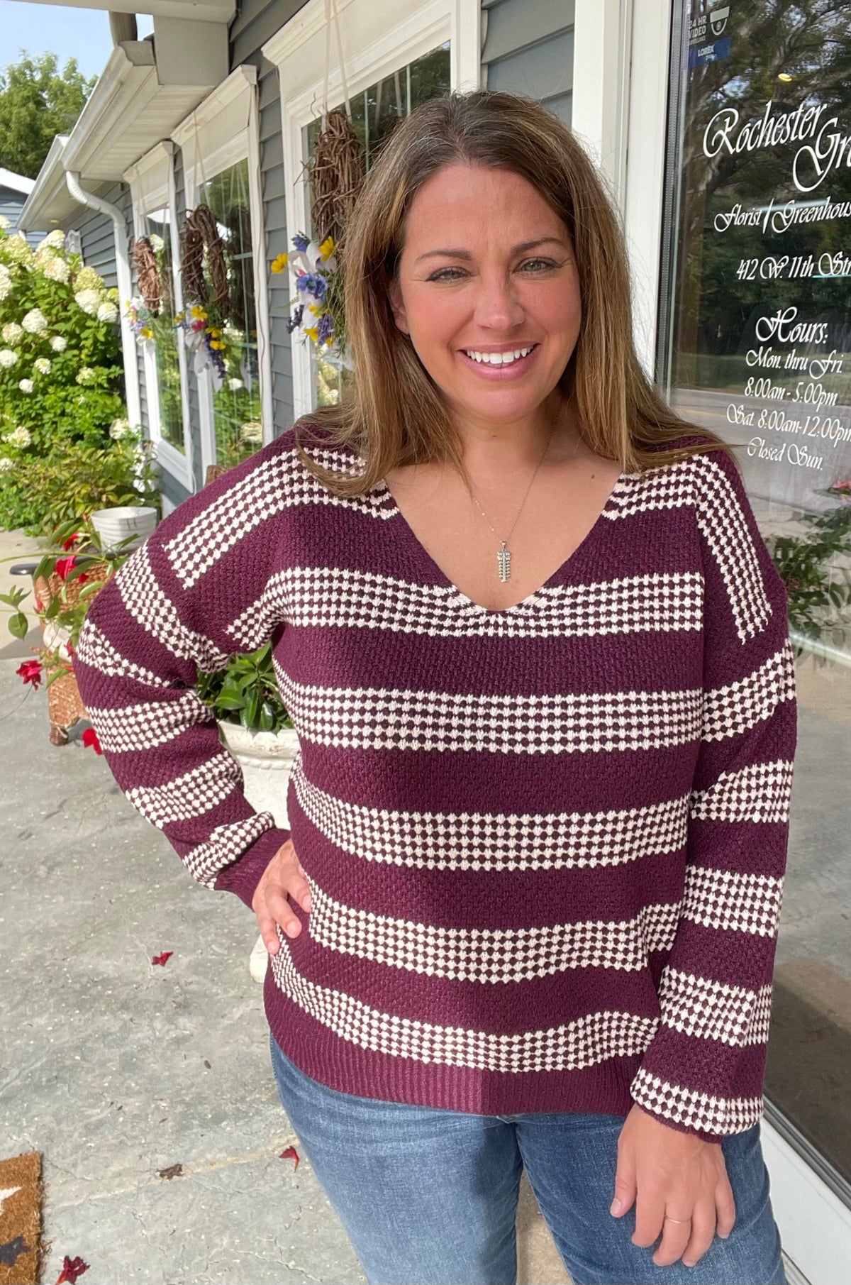 DARK PLUM V-Neck Long Sleeve Relaxed Fit Waffle Texture Striped Sweater