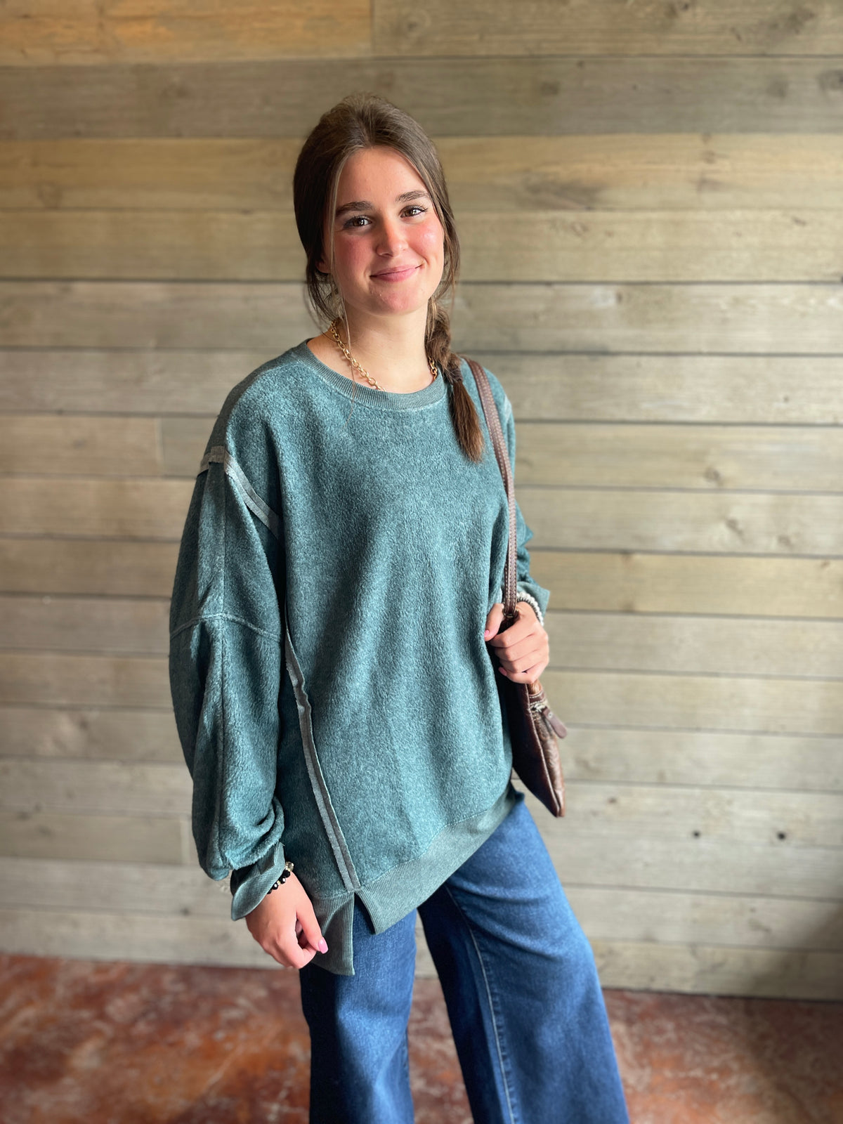 DARK TEAL PLUSH OVERSIZED KNIT PULLOVER