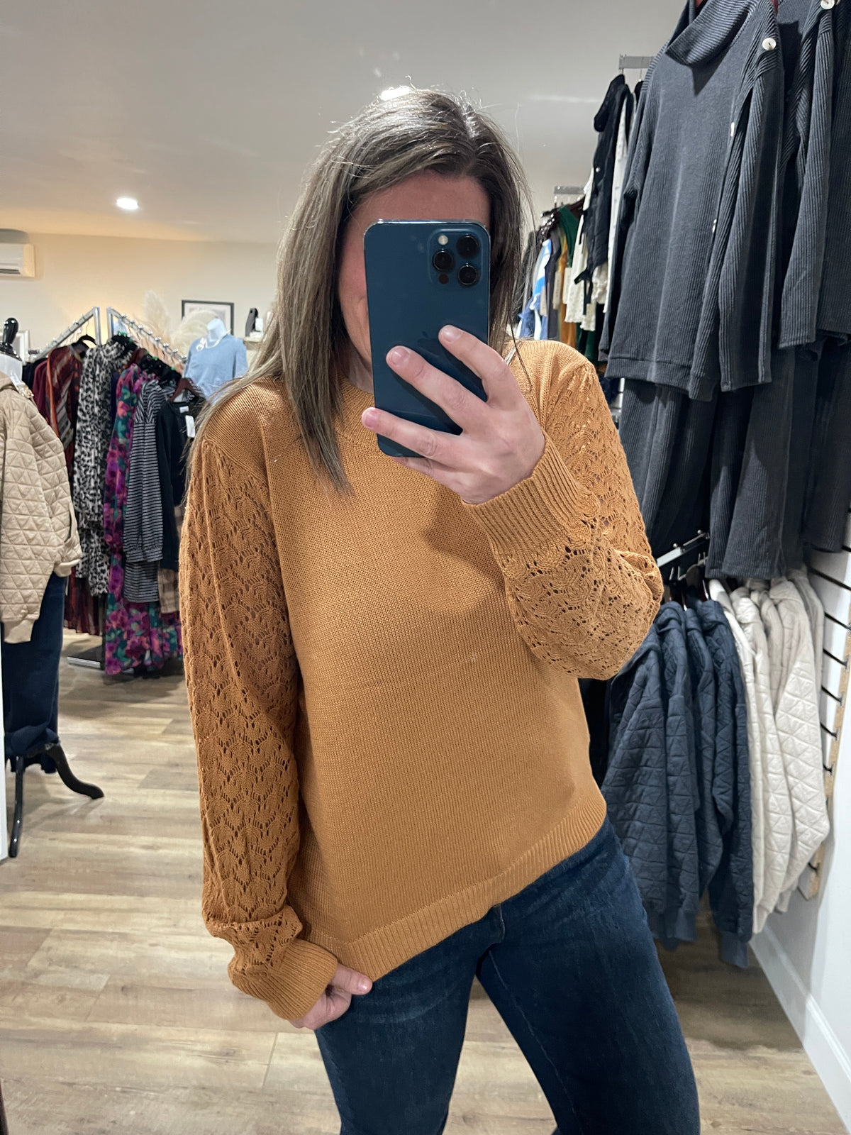 MUSTARD OPEN KNIT SLEEVE PULLOVER SWEATER