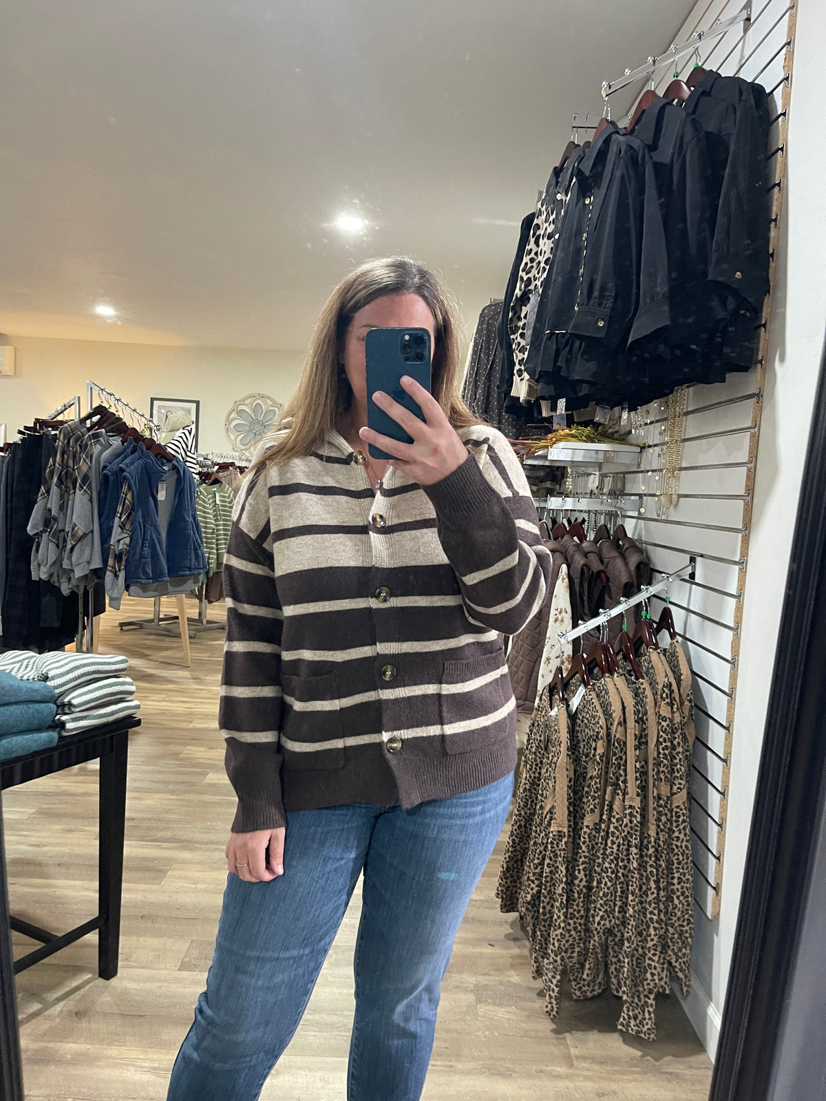 DARK MOCHA Striped, Hoodie, Button Down, Cardigan Sweater With Pocket