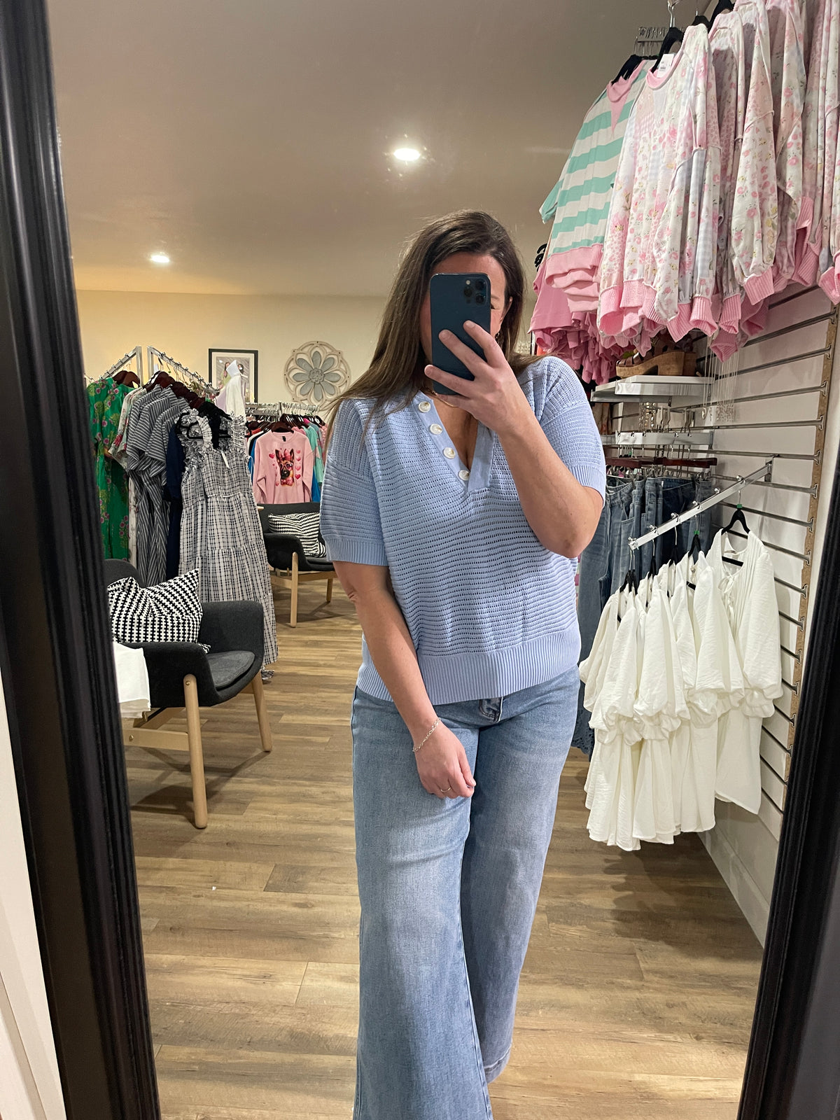 BLUE OPEN KNIT BUTTON SHORT SLEEVE SWEATER