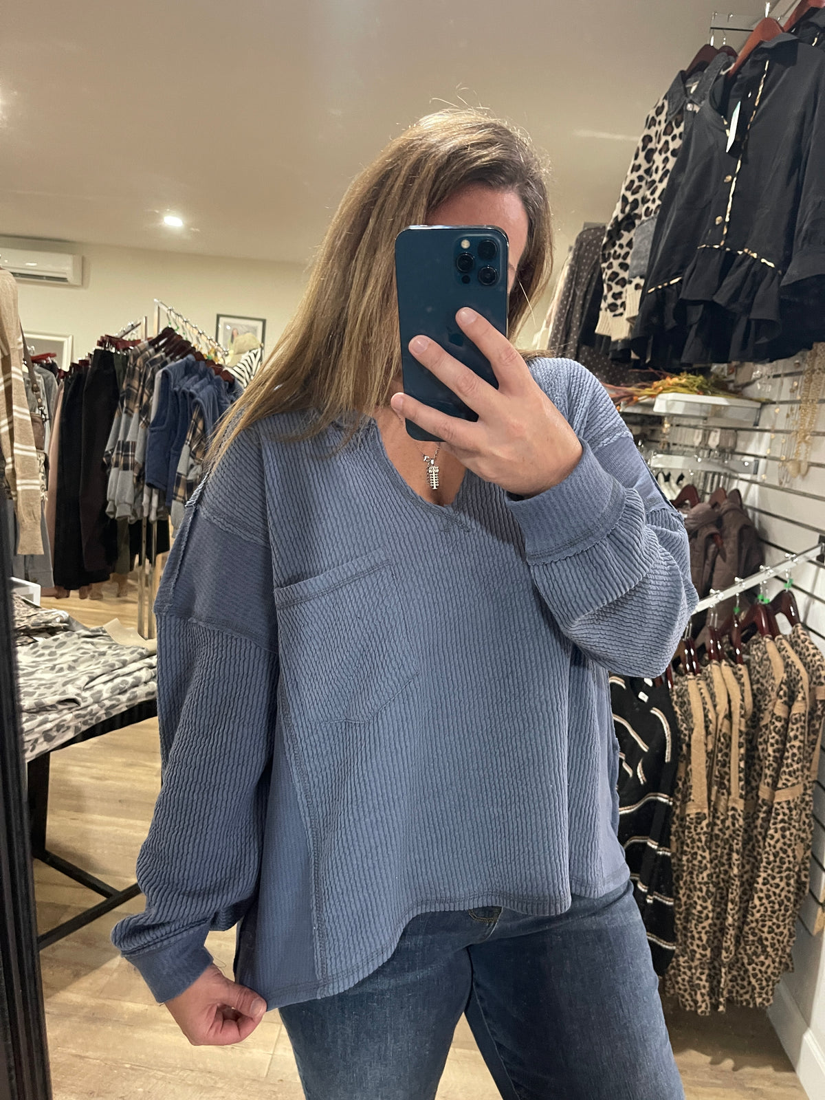 DENIM BLUE TEXTURED LOOSE FIT V NECK KNIT TOP