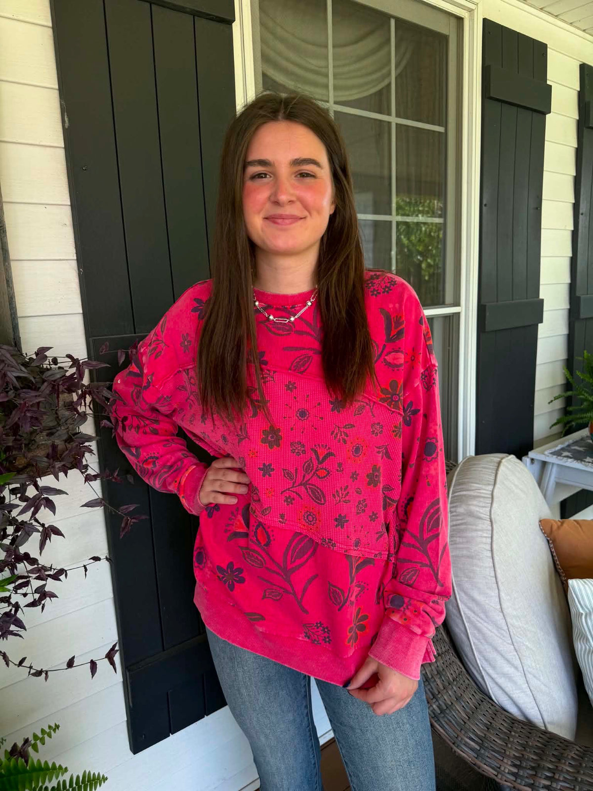 BOHO RED FLORAL OVERSIZED CONTRAST KNIT TOP
