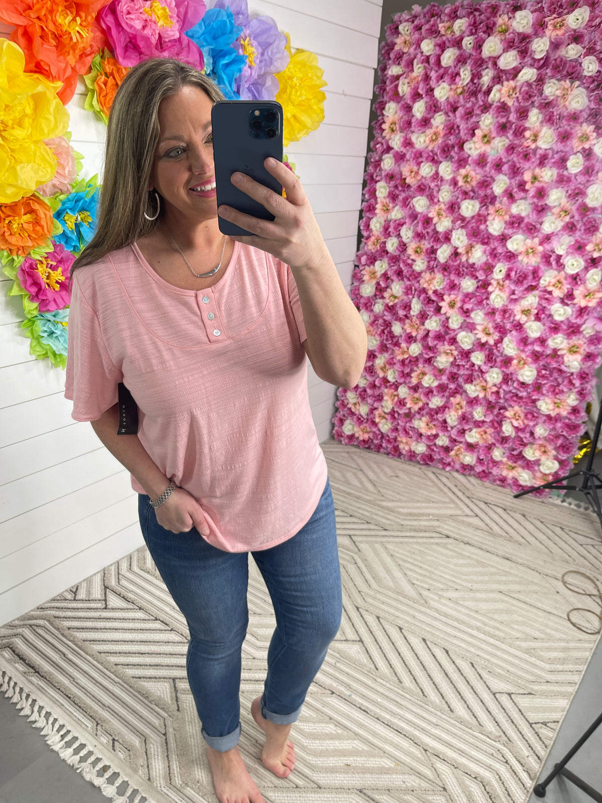 PINK TEXTURED KNIT CREW NECK TOP