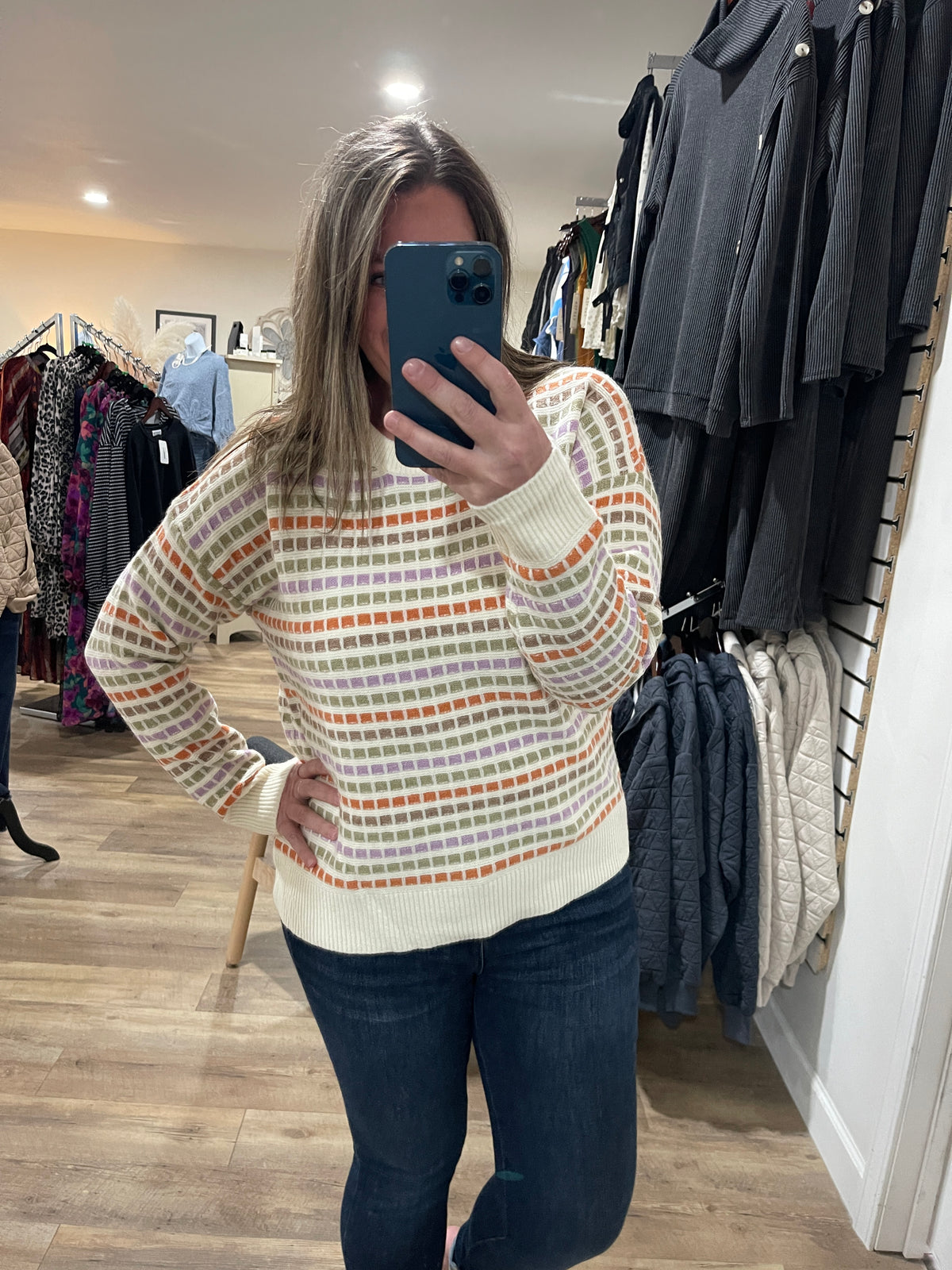 CREAM/LAV/SAGE/RUST MULTI COLOR BLOCK KNIT SWEATER