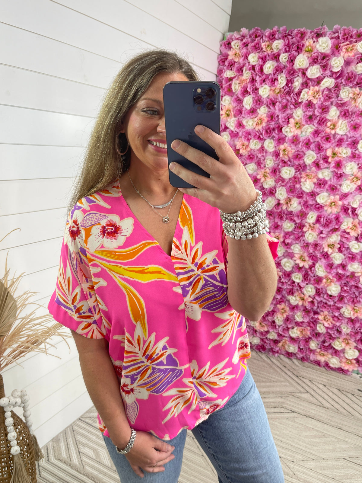 NEON PINK TROPICAL FLORAL TOP