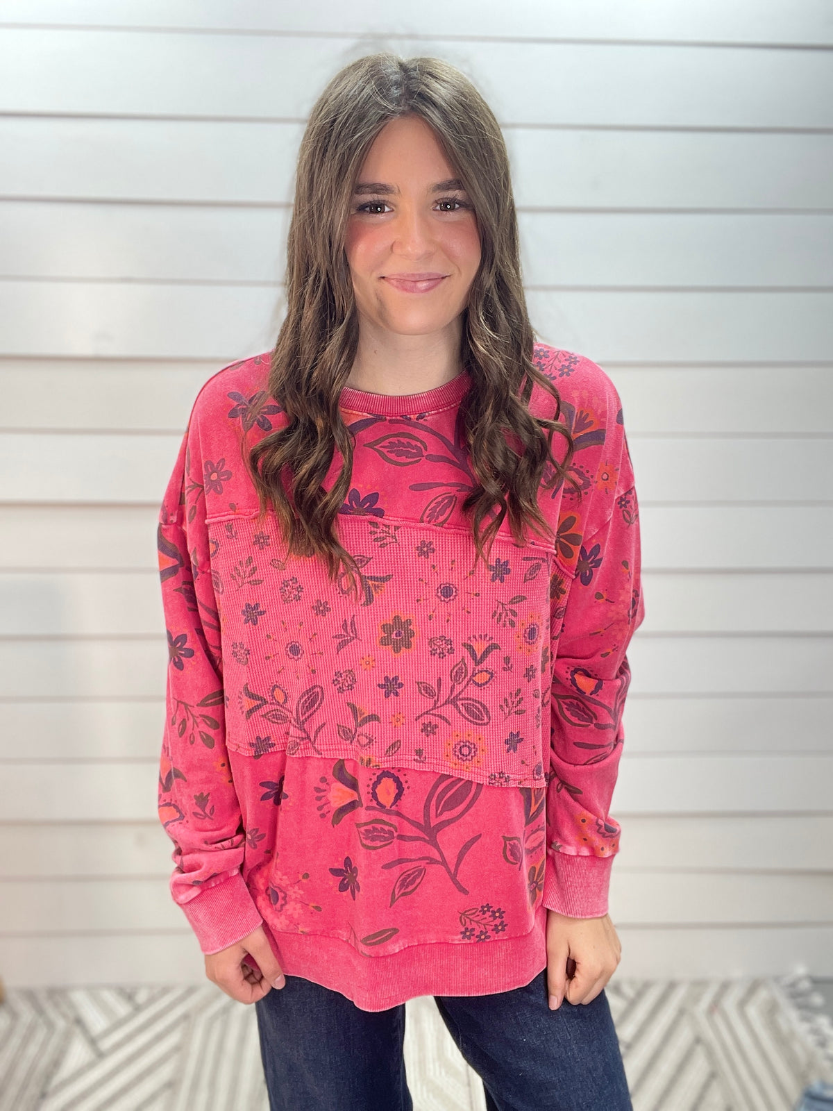 BOHO RED FLORAL OVERSIZED CONTRAST KNIT TOP