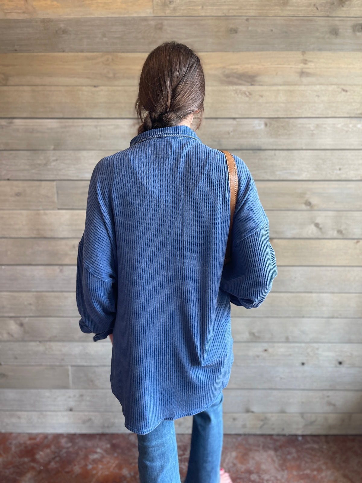 NAVY MINERAL WASH OVERSIZED WAFFLE KNIT BUTTON DOWN TOP