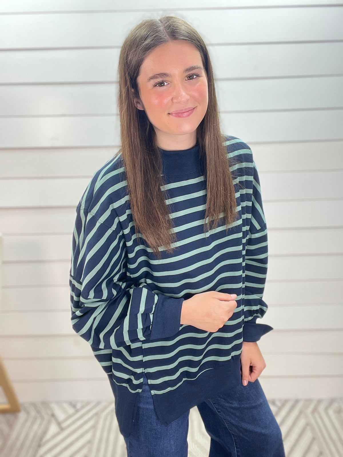 NAVY/SAGE STRIPED OVERSIZED MOCK NECK TOP