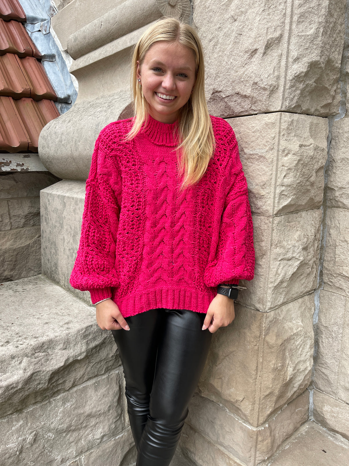 POL MAGENTA CHENILLE CABLE KNIT SWEATER