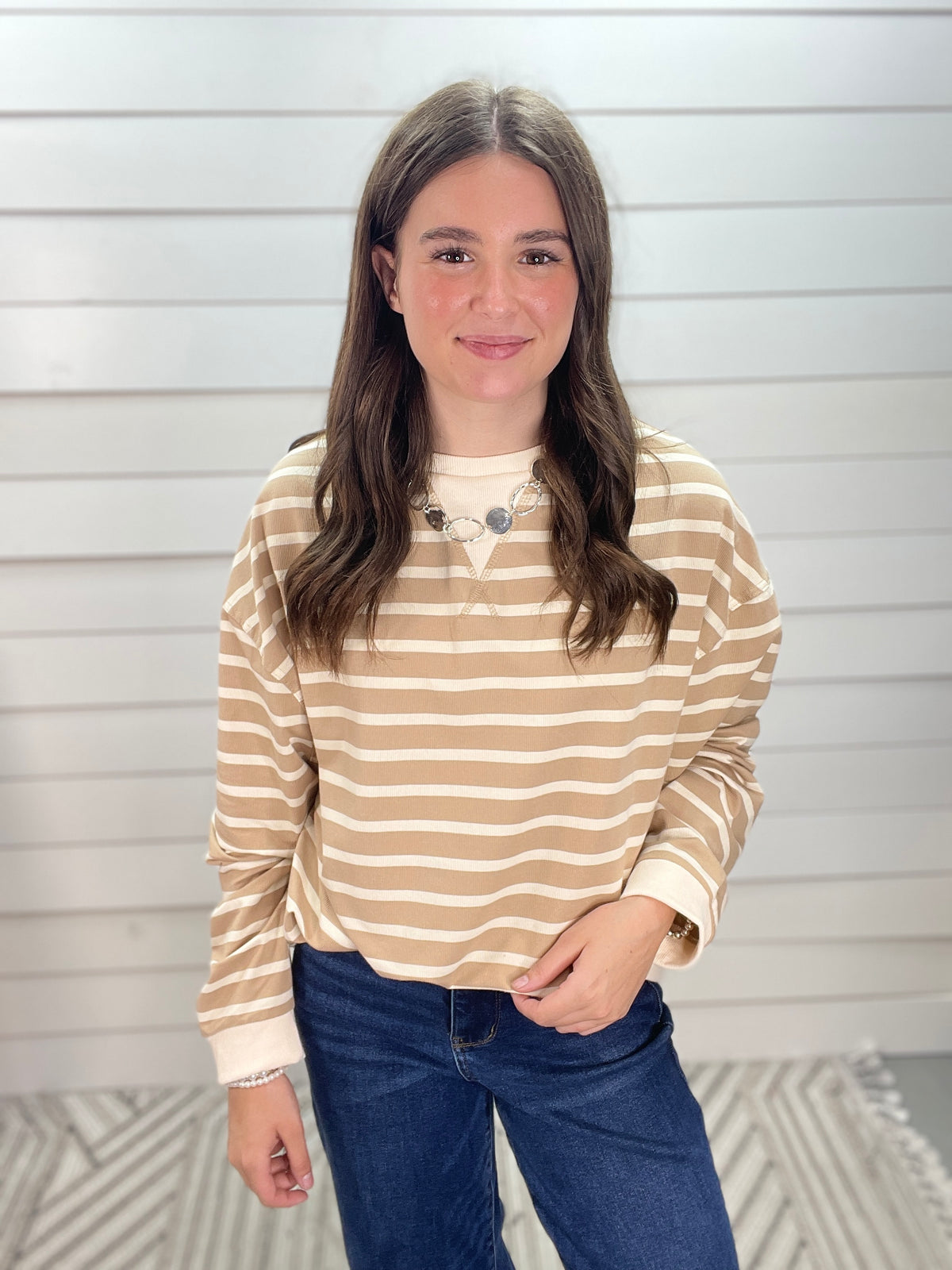 TAUPE/CREAM STRIPED LOOSE FIT KNIT TOP