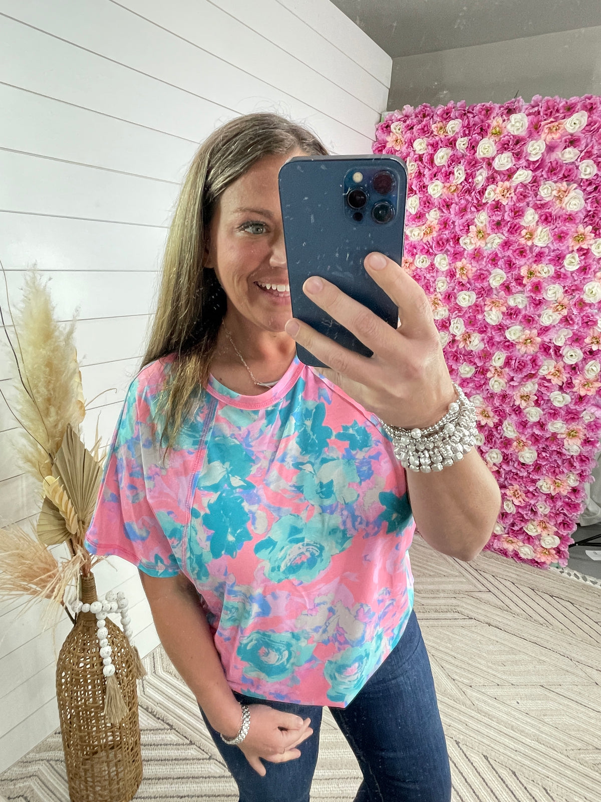 NEON PINK FLORA KNIT TOP