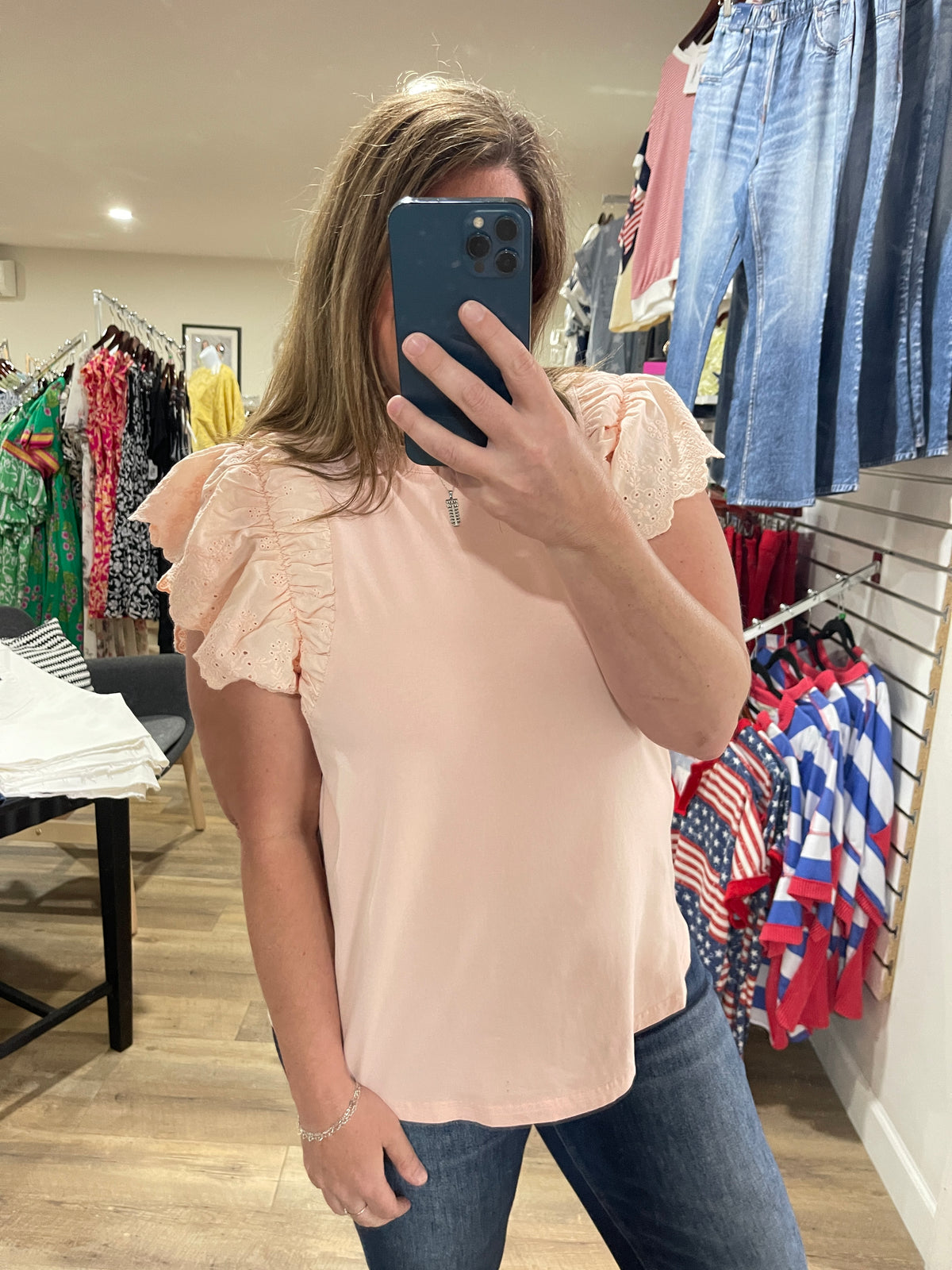 BLUSH KNIT CROCHET RUFFLE SLEEVE SHORT SLEEVE TOP