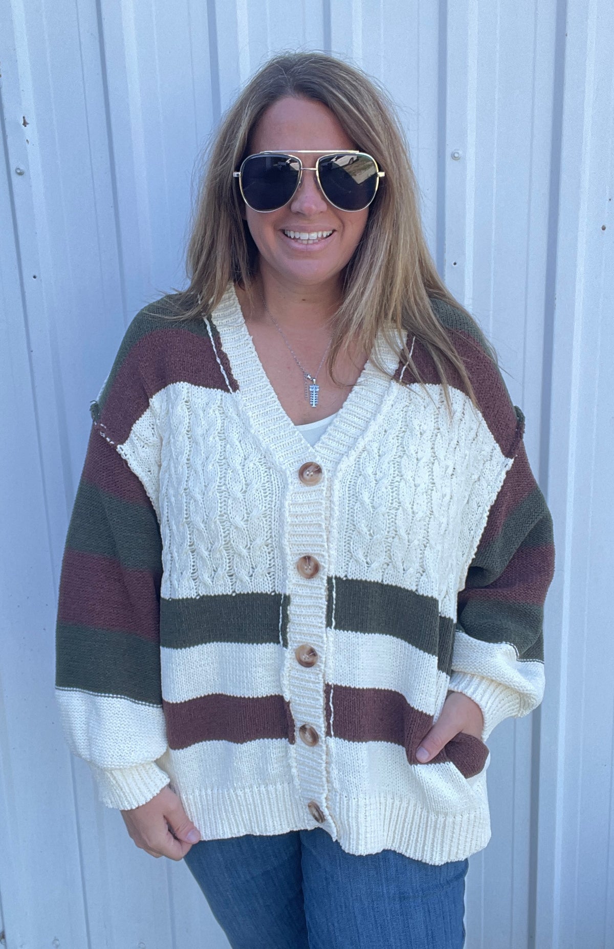 IVORY/BROWN/OLIVE CABLE KNIT OVERSIZE BUTTON CARDIGAN/SWEATER