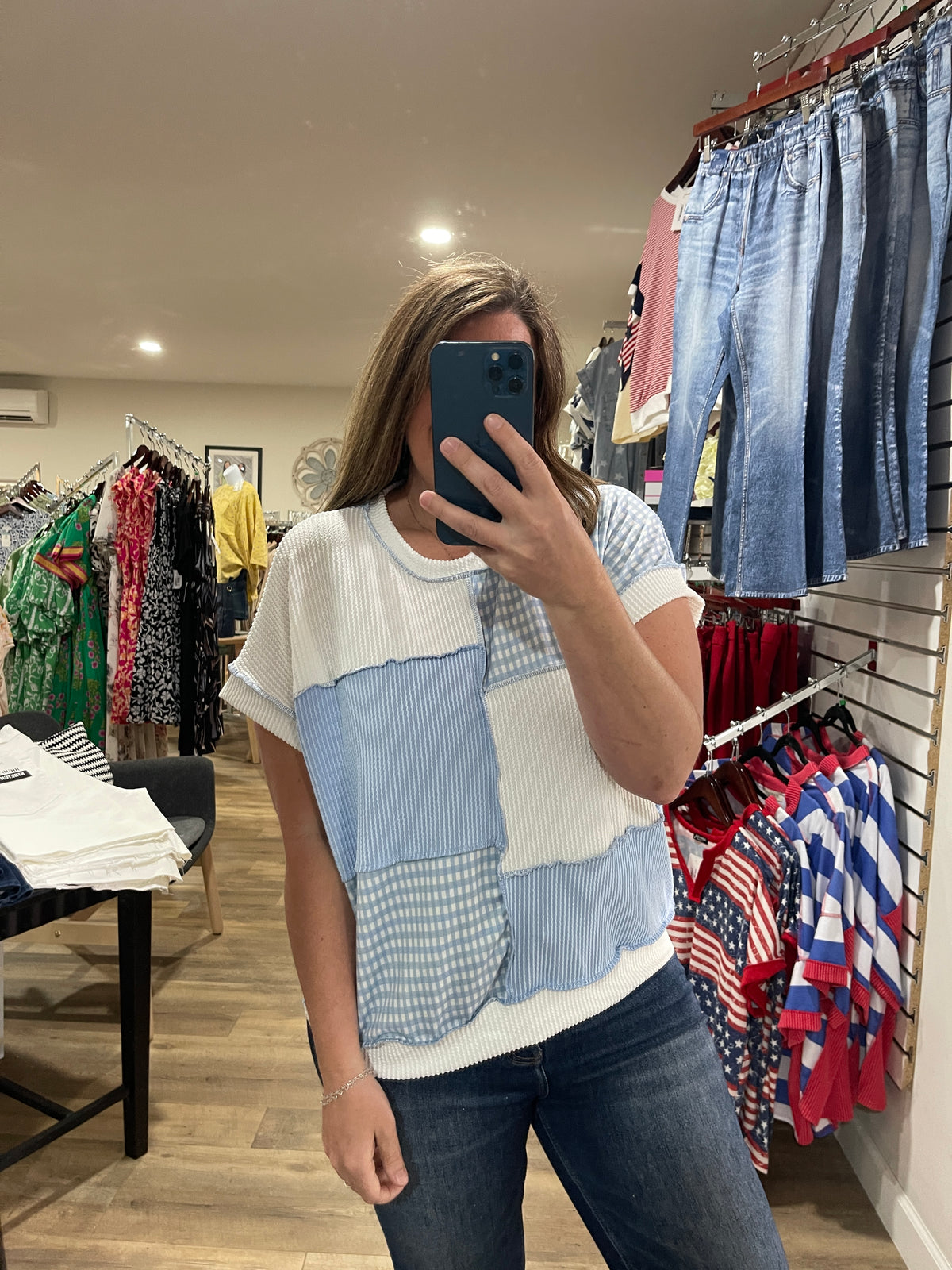 LT BLUE GINGHAM COLORBLOCK KNIT TOP