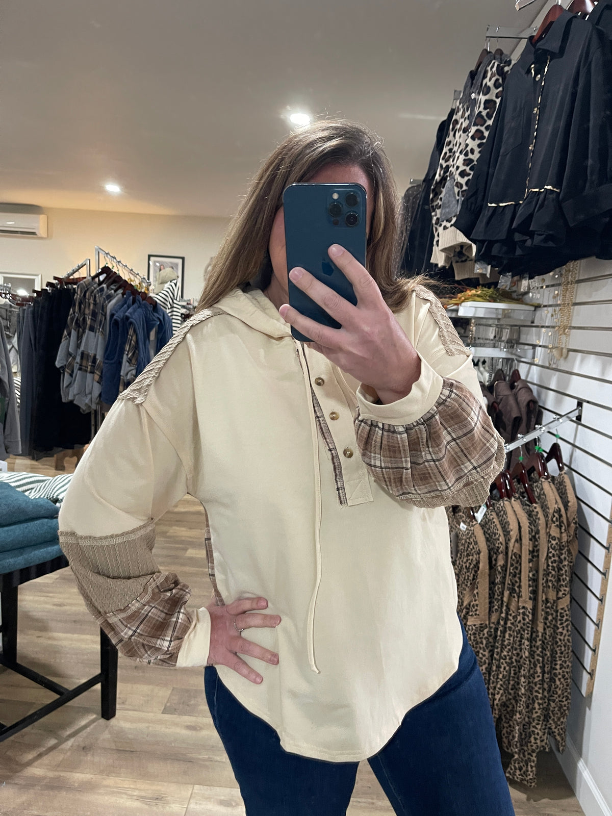 NATURAL PLAID CONTRAST LIGHT WEIGHT HOODIE