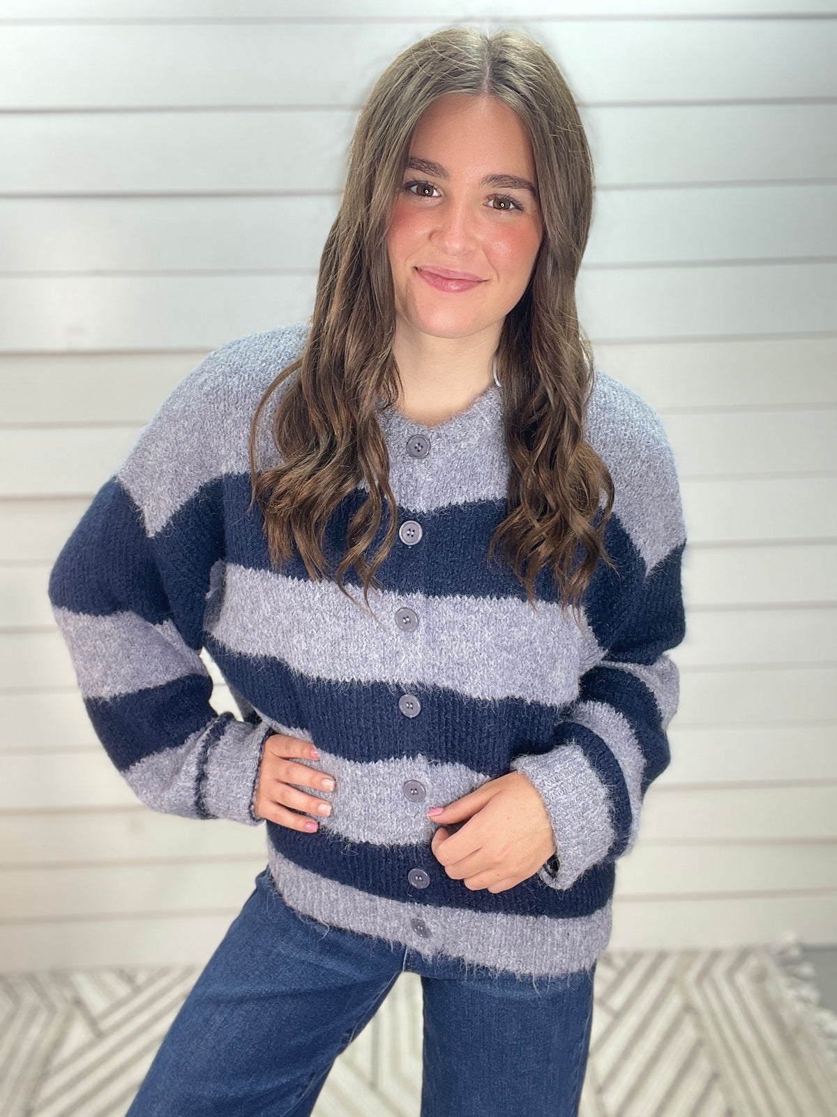GLACIER/NAVY STRIPED SOFT BUTTON SWEATER