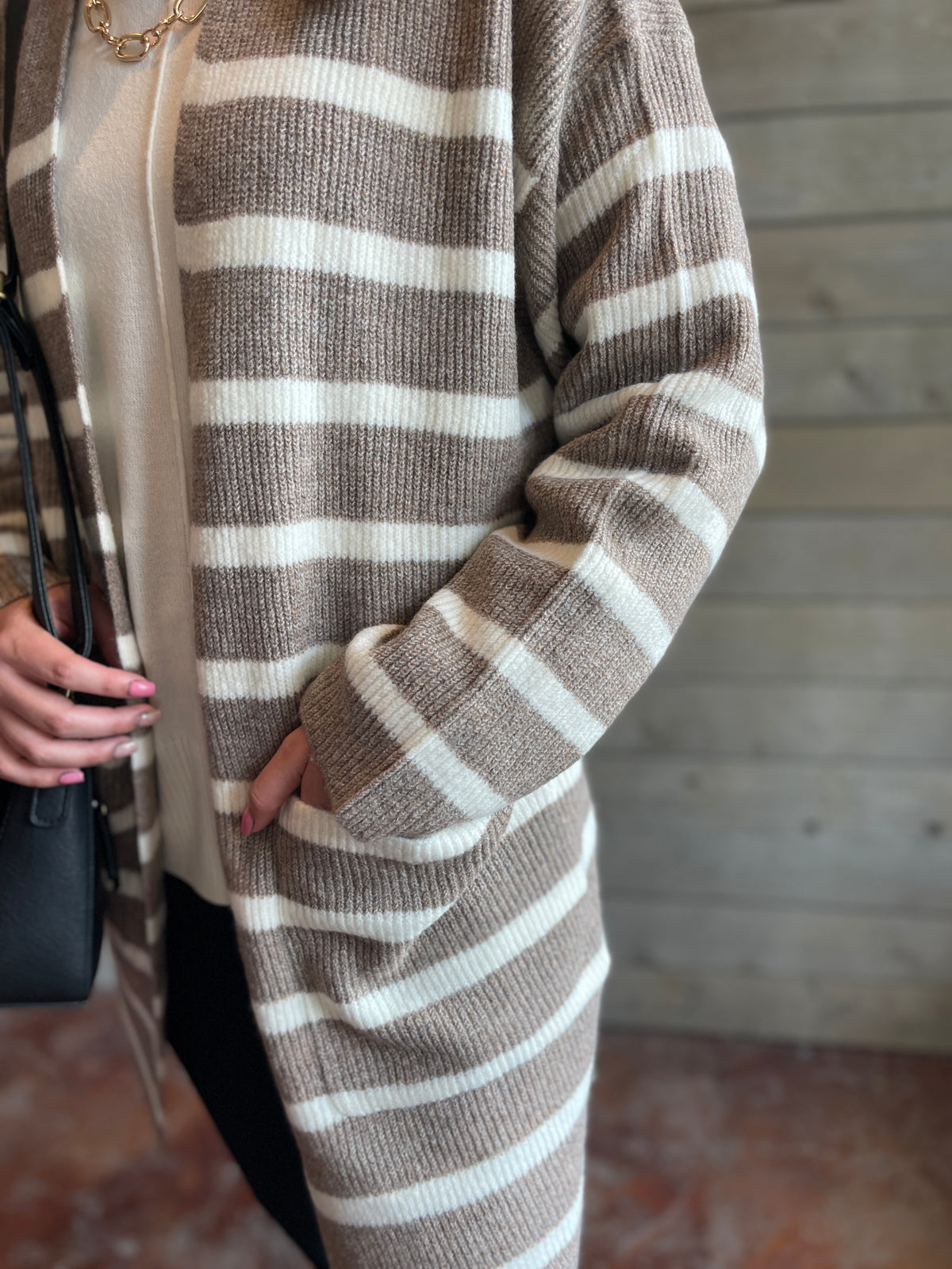 Dark Taupe/ Cream Striped Long Oversized Cardigan with Pockets