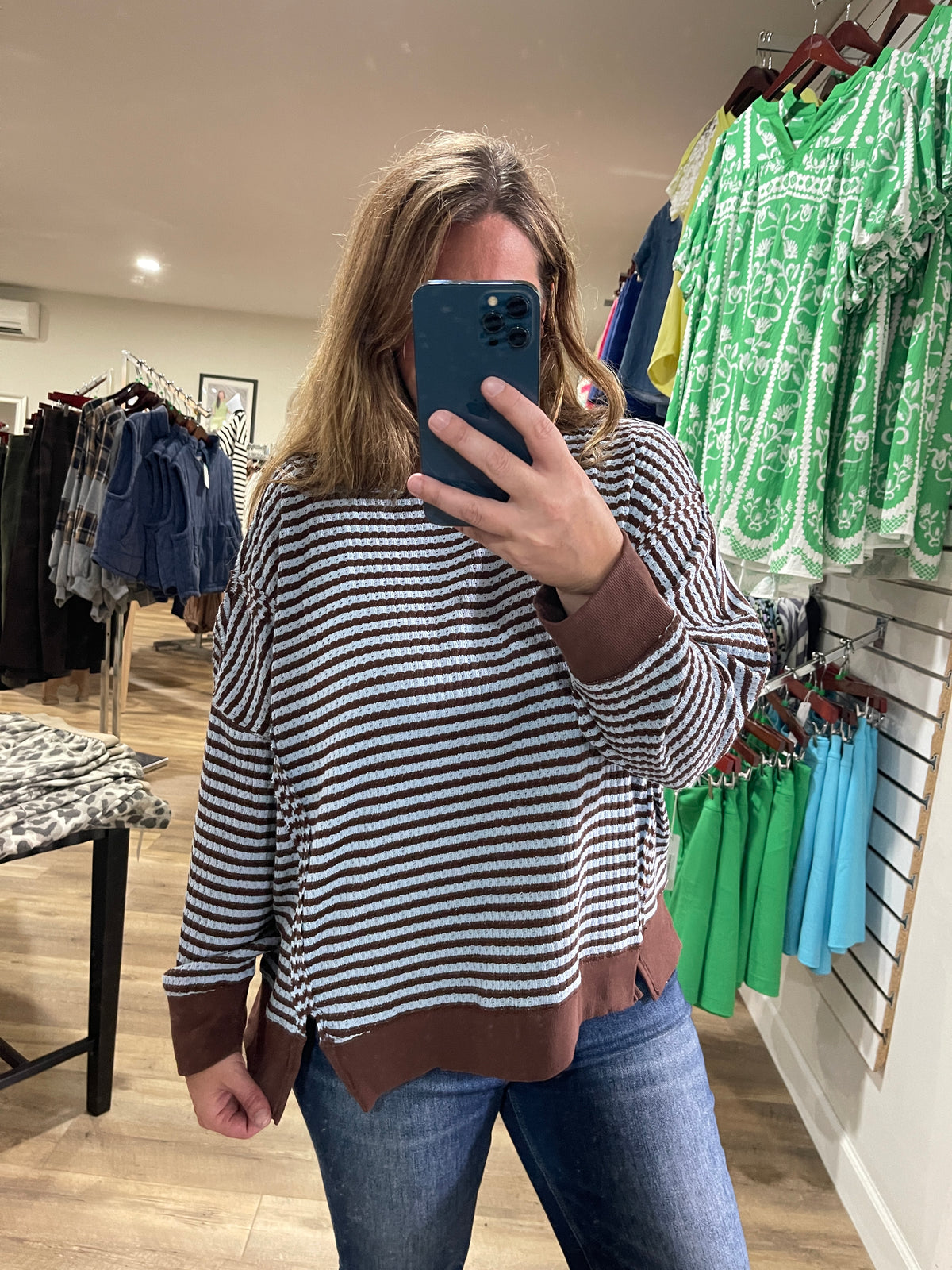 BLUE/BROWN STRIPED TEXTURED KNIT LOOSE FIT TOP