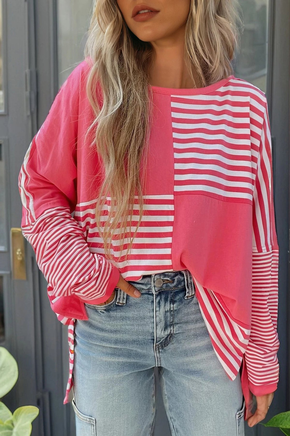 PINK BLOCK STRIPED DROP SHOULDER LONG SLEEVE OVERSIZED TOP