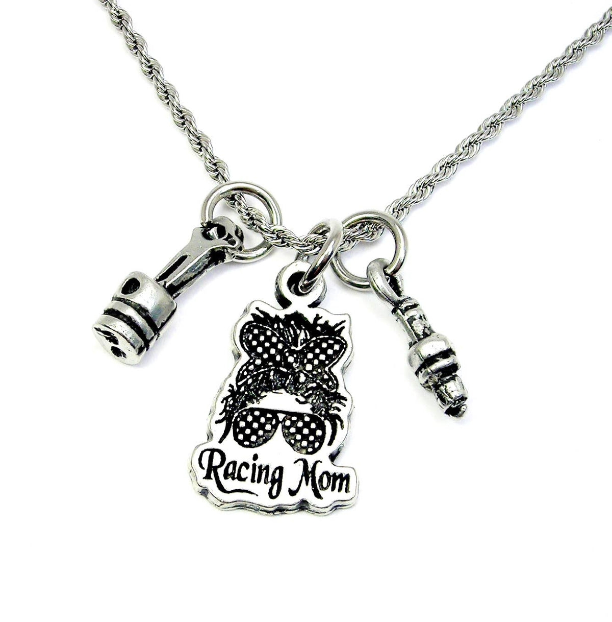 Chubby Chico Charms - Racing mom with piston and spark plug Necklace  speedway